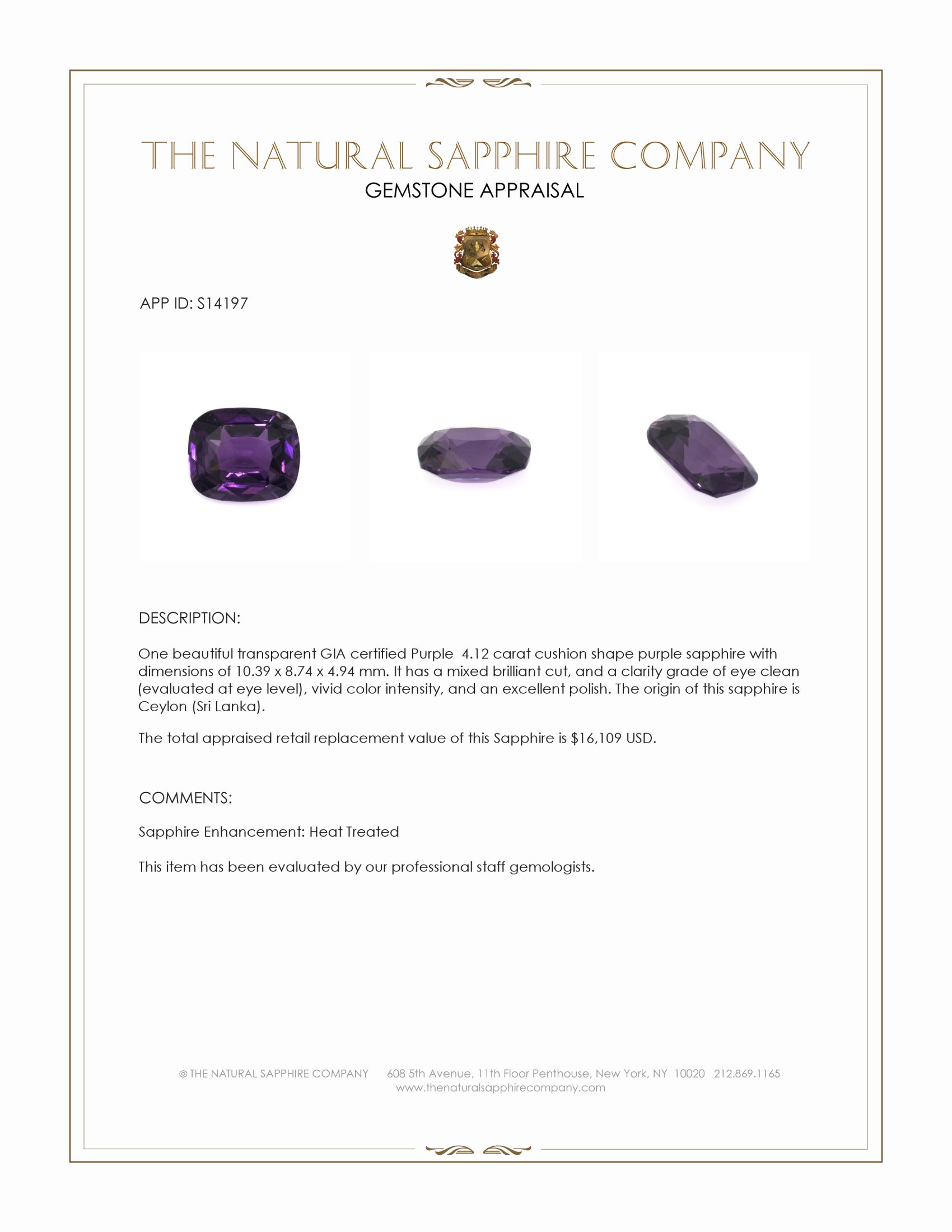 4.12 Ct. Purple Sapphire from Ceylon (Sri Lanka)