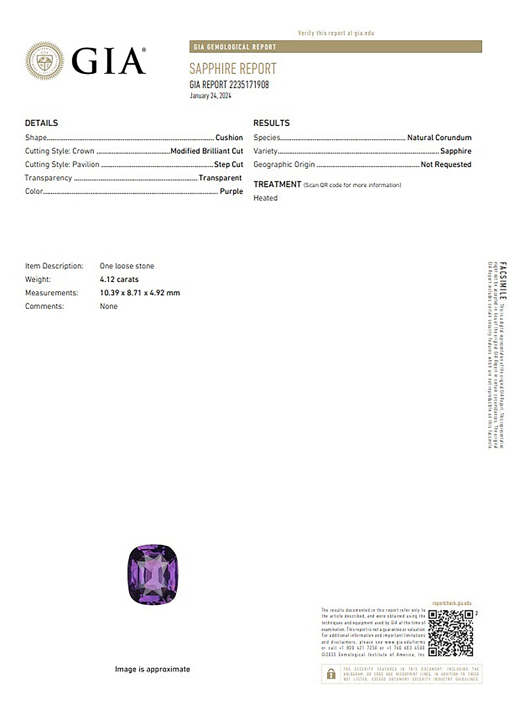 4.12 Ct. Purple Sapphire from Ceylon (Sri Lanka)