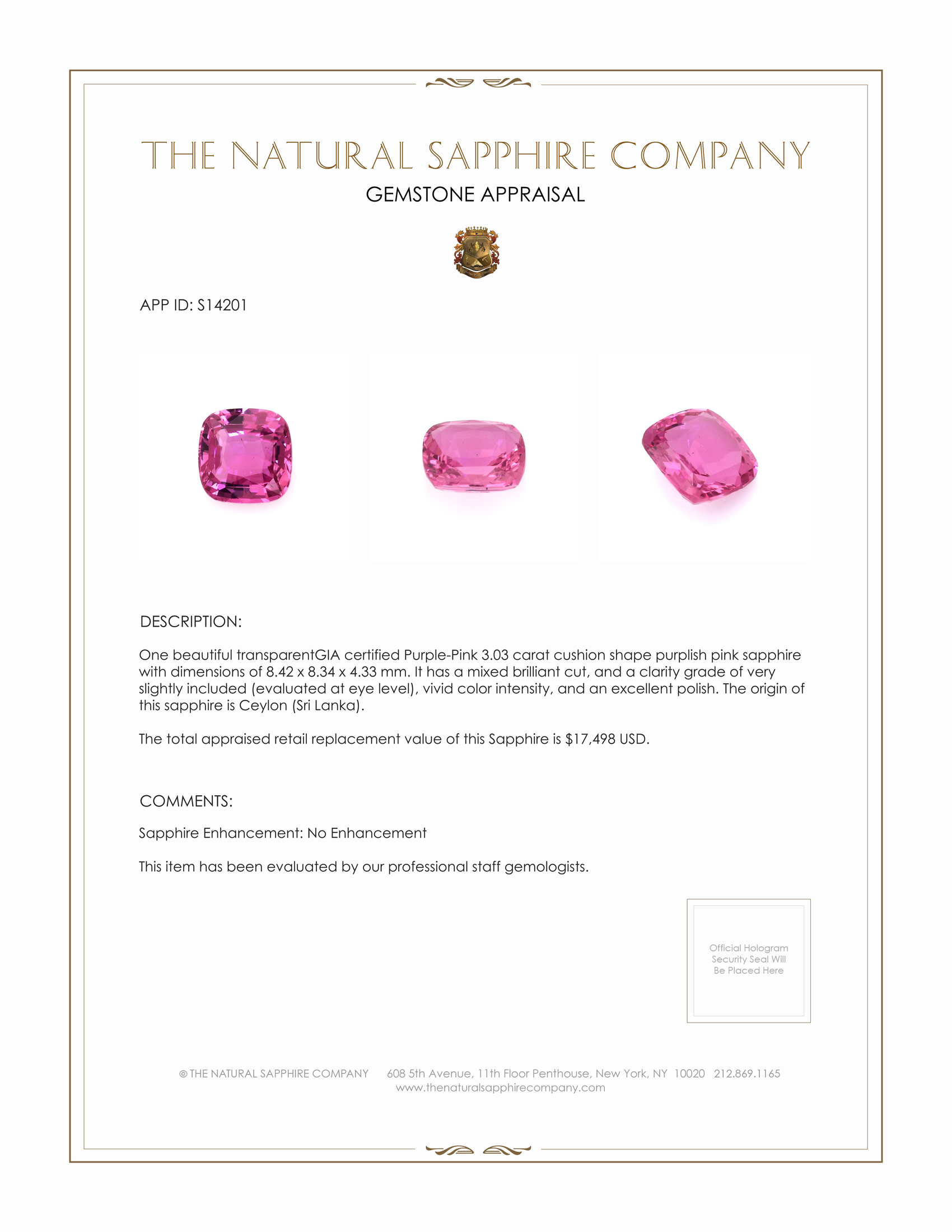 3.03 Ct. Purplish Pink Sapphire from Ceylon (Sri Lanka)