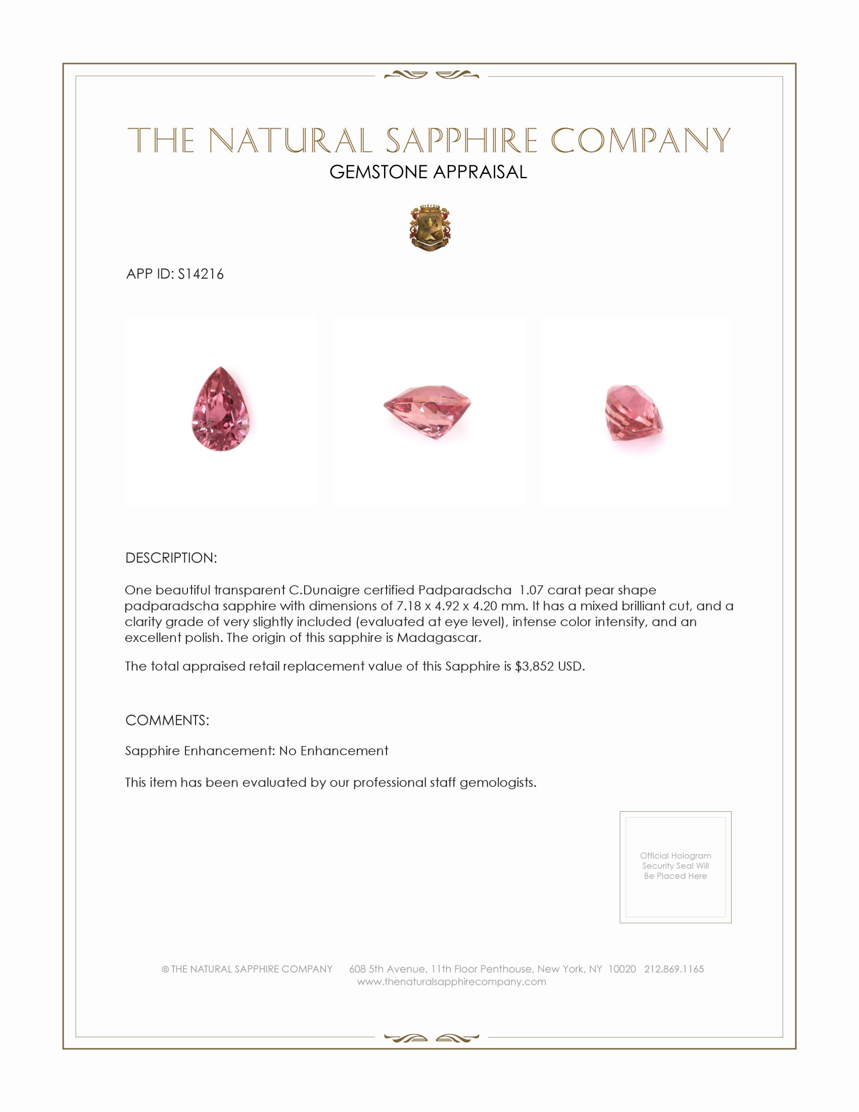 1.07 Ct. Padparadscha Sapphire from Madagascar