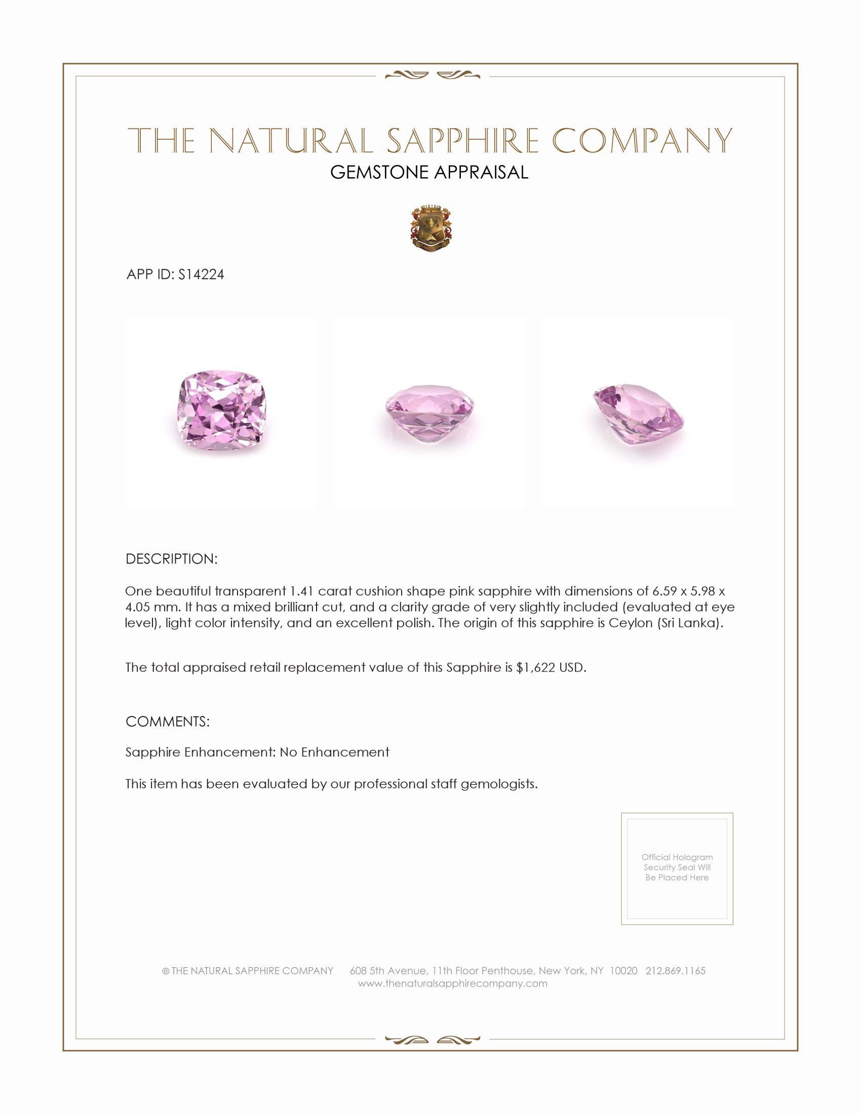 1.41 Ct. Pink Sapphire from Ceylon (Sri Lanka)