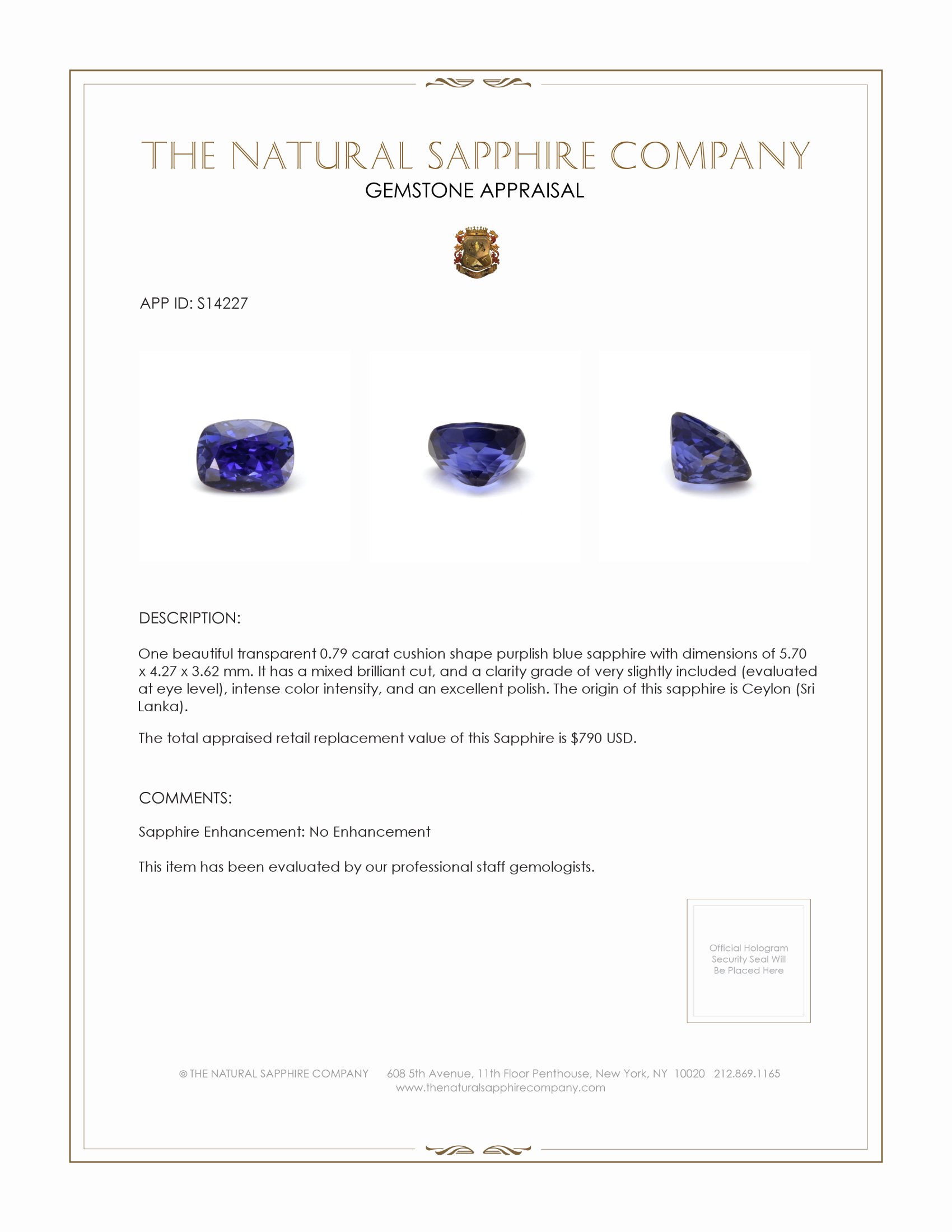 0.79 Ct. Purplish Blue Sapphire from Ceylon (Sri Lanka)