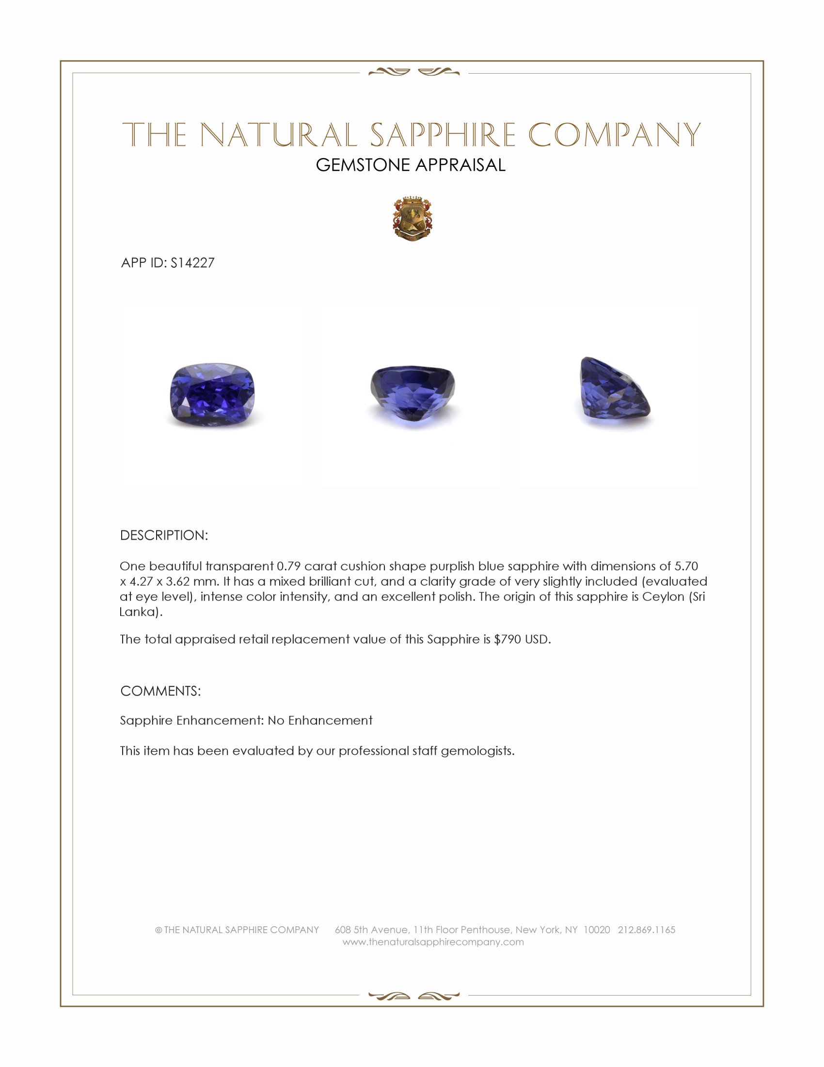 0.79 Ct. Purplish Blue Sapphire from Ceylon (Sri Lanka)