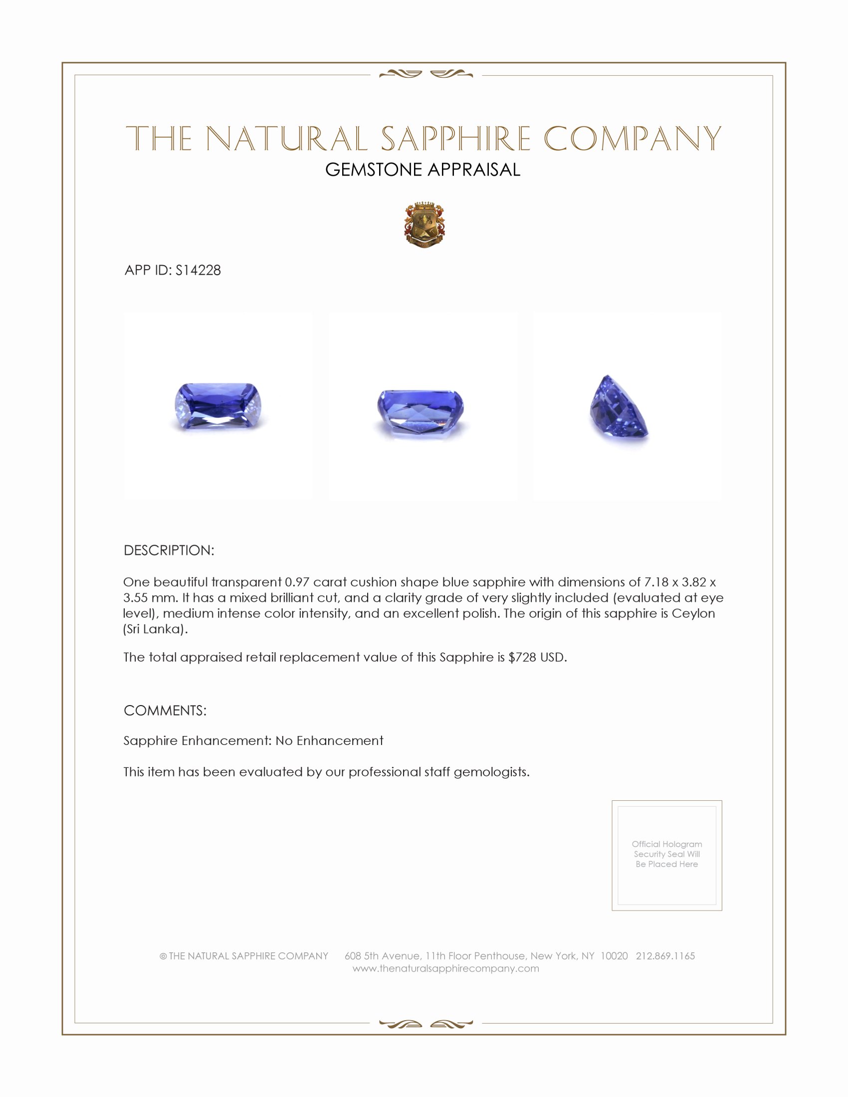 0.97 Ct. Blue Sapphire from Ceylon (Sri Lanka)