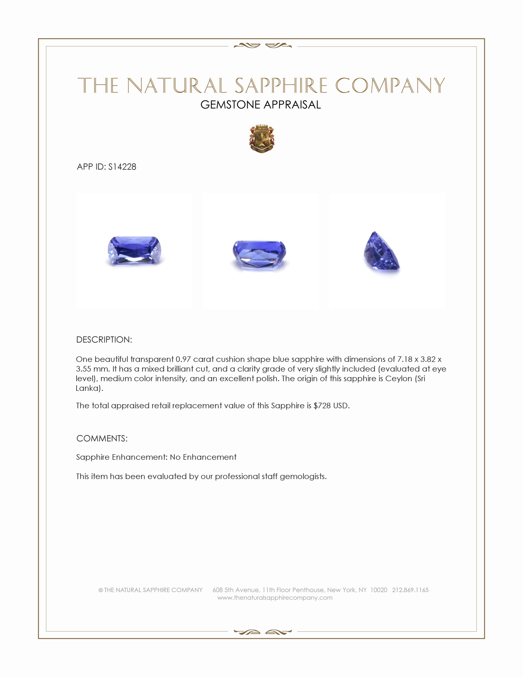 0.97 Ct. Blue Sapphire from Ceylon (Sri Lanka)