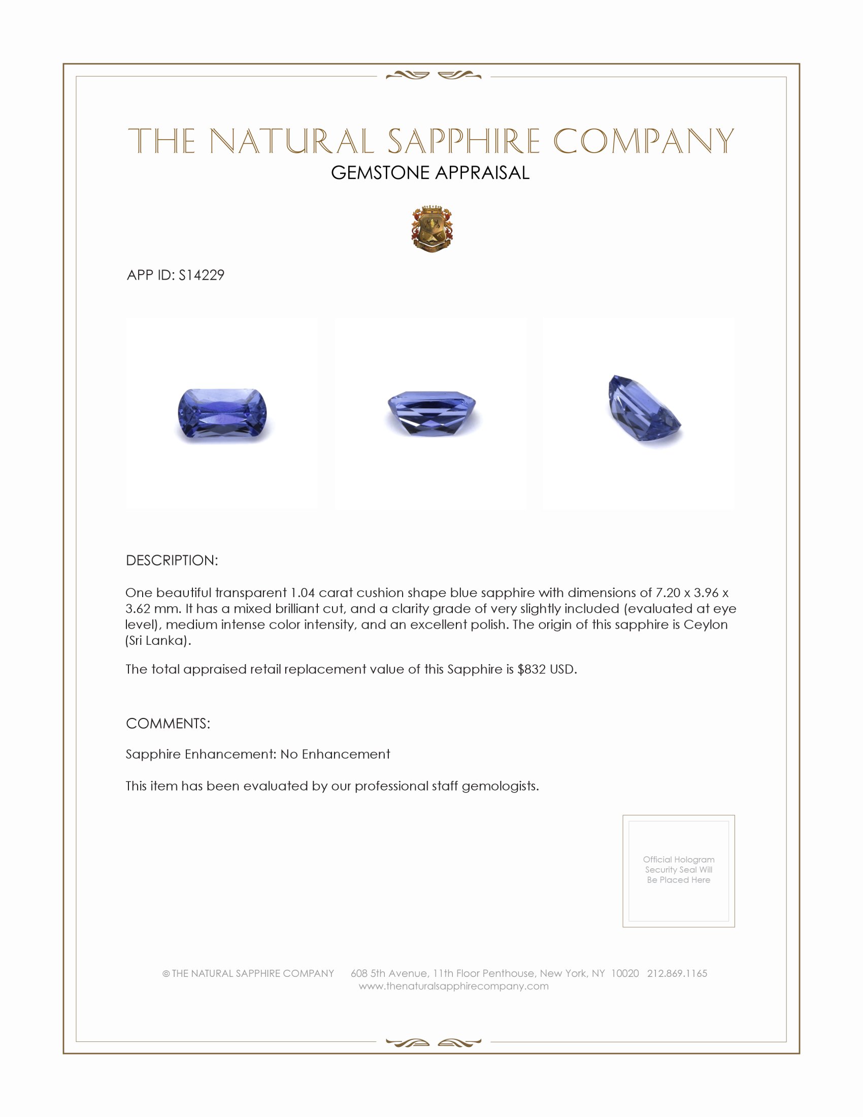 1.04 Ct. Blue Sapphire from Ceylon (Sri Lanka)