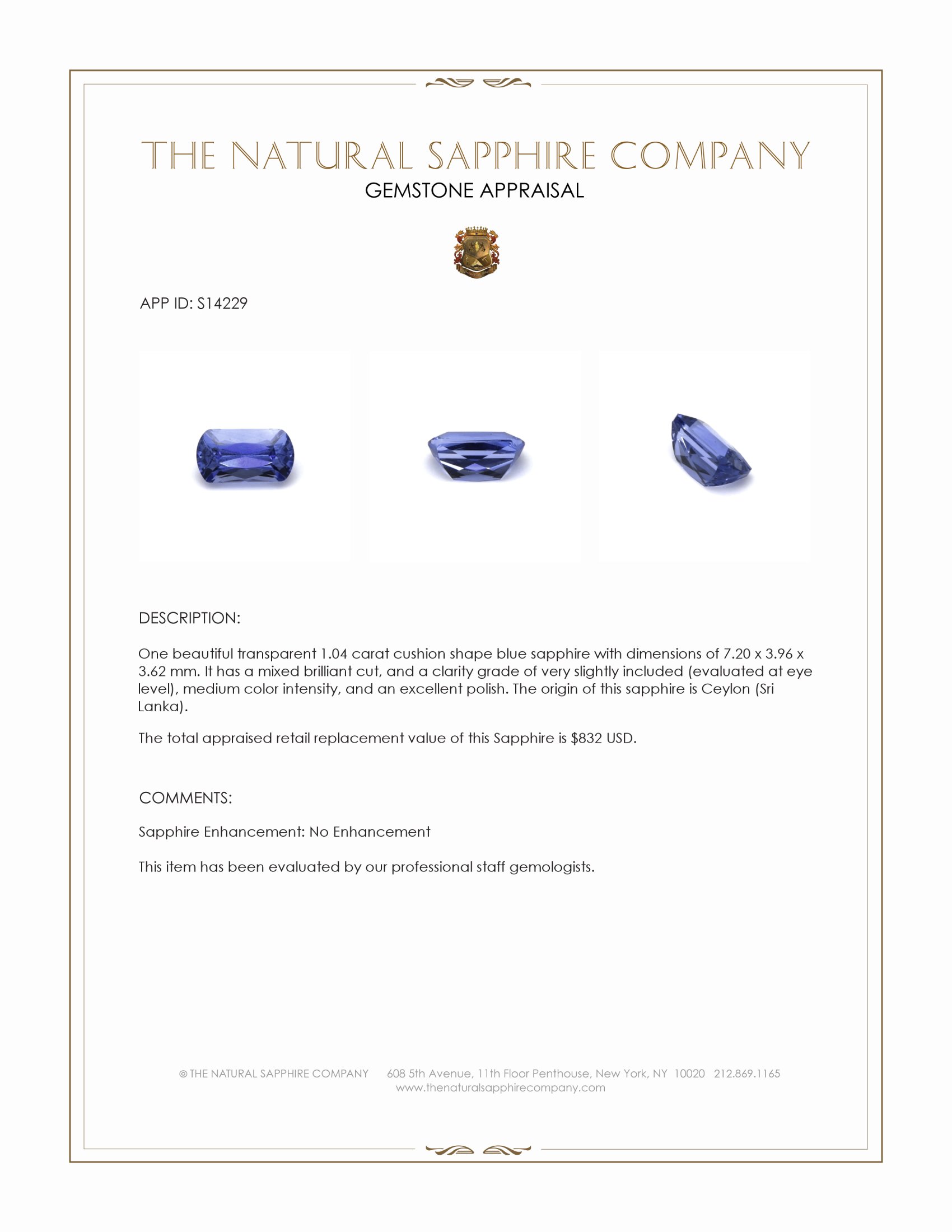 1.04 Ct. Blue Sapphire from Ceylon (Sri Lanka)