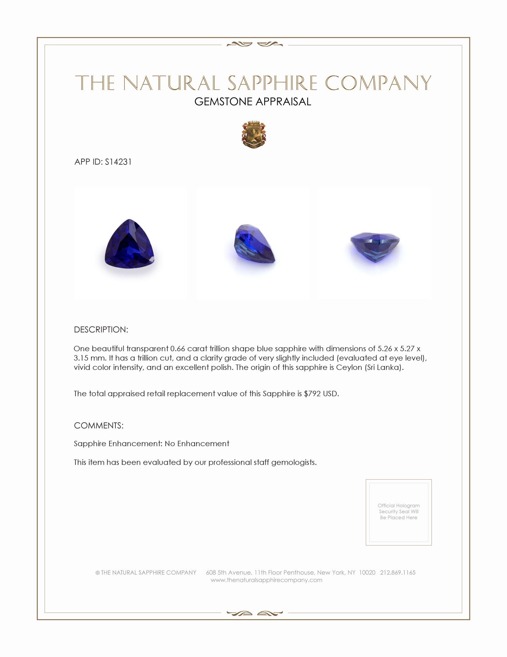 0.66 Ct. Blue Sapphire from Ceylon (Sri Lanka)
