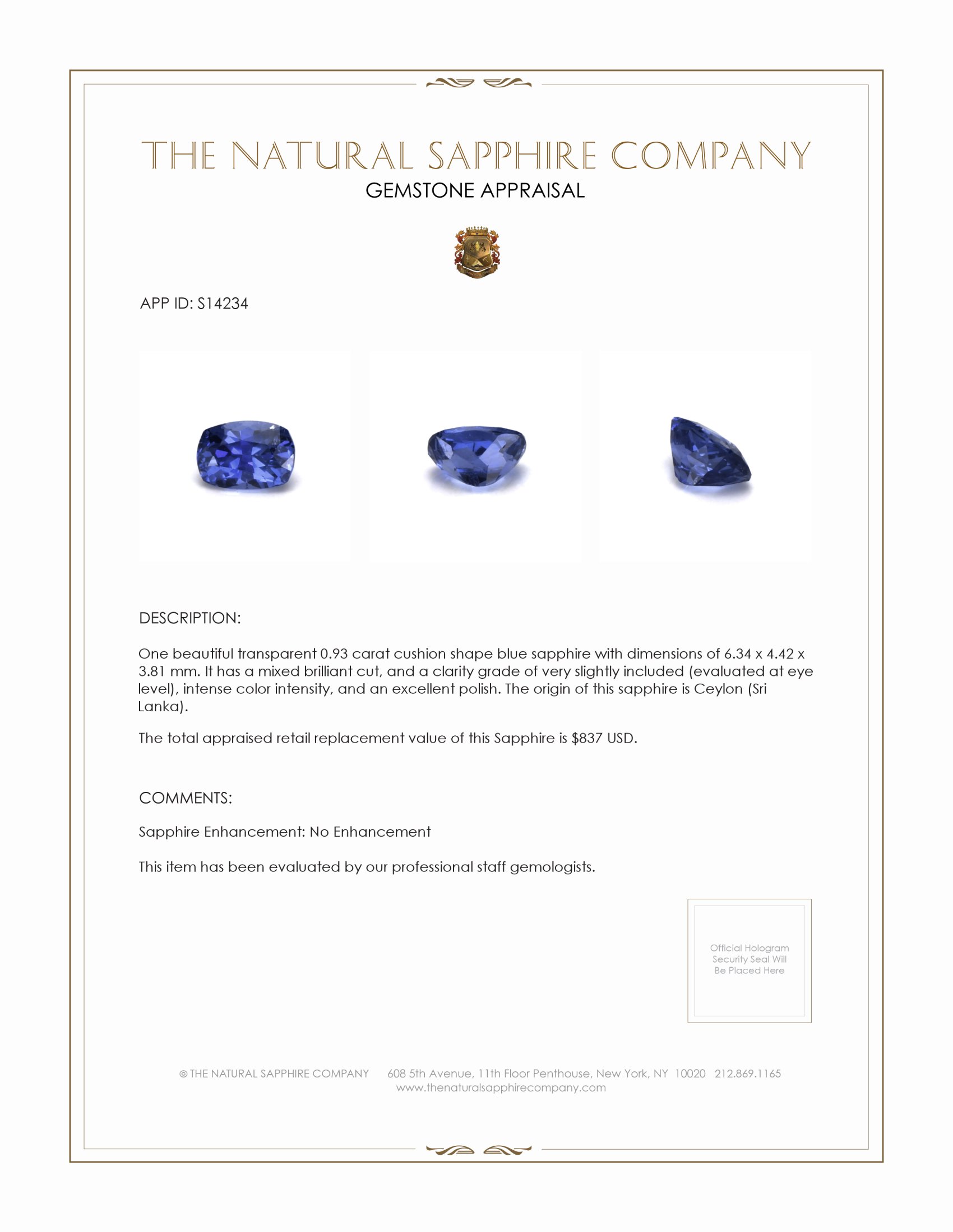 0.93 Ct. Blue Sapphire from Ceylon (Sri Lanka)