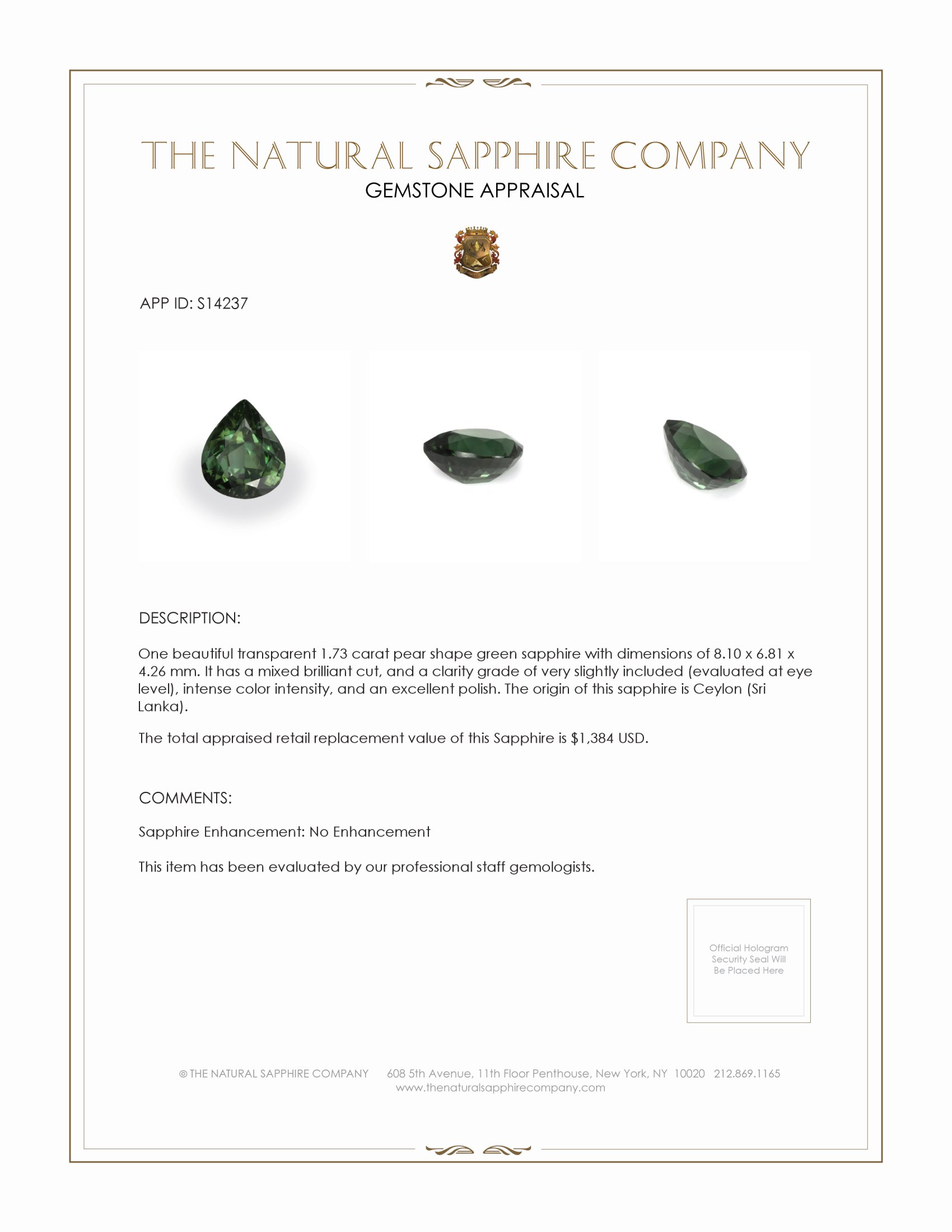 1.73 Ct. Green Sapphire from Ceylon (Sri Lanka)