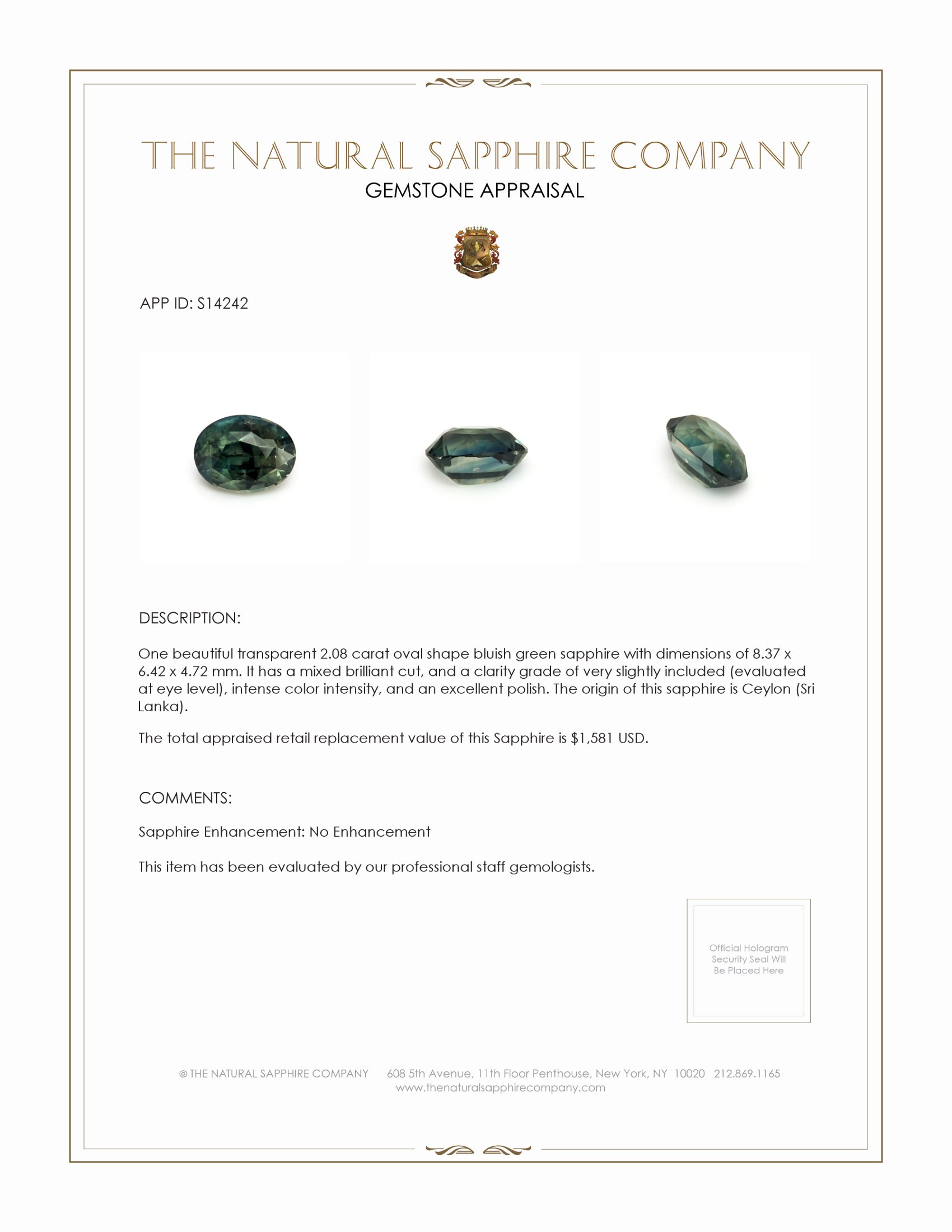 2.08 Ct. Bluish Green Sapphire from Ceylon (Sri Lanka)