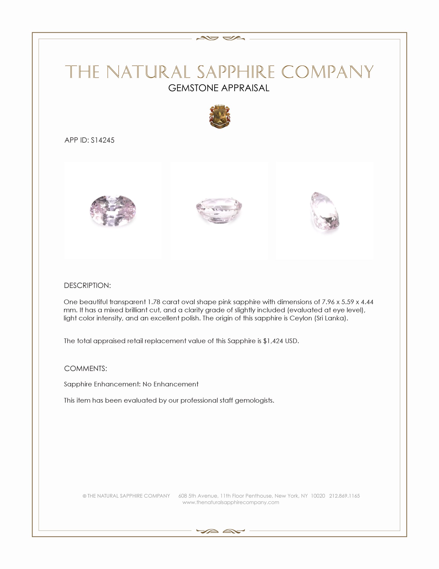 1.78 Ct. Pink Sapphire from Ceylon (Sri Lanka)
