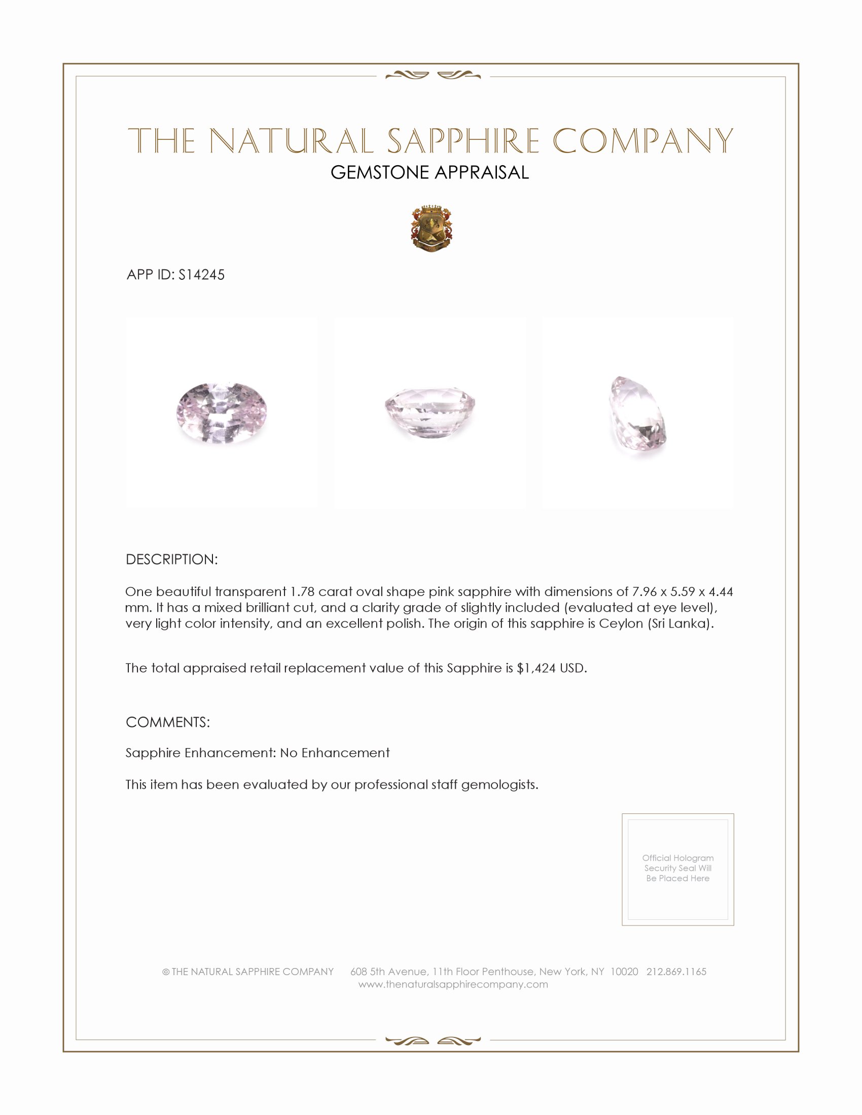 1.78 Ct. Pink Sapphire from Ceylon (Sri Lanka)