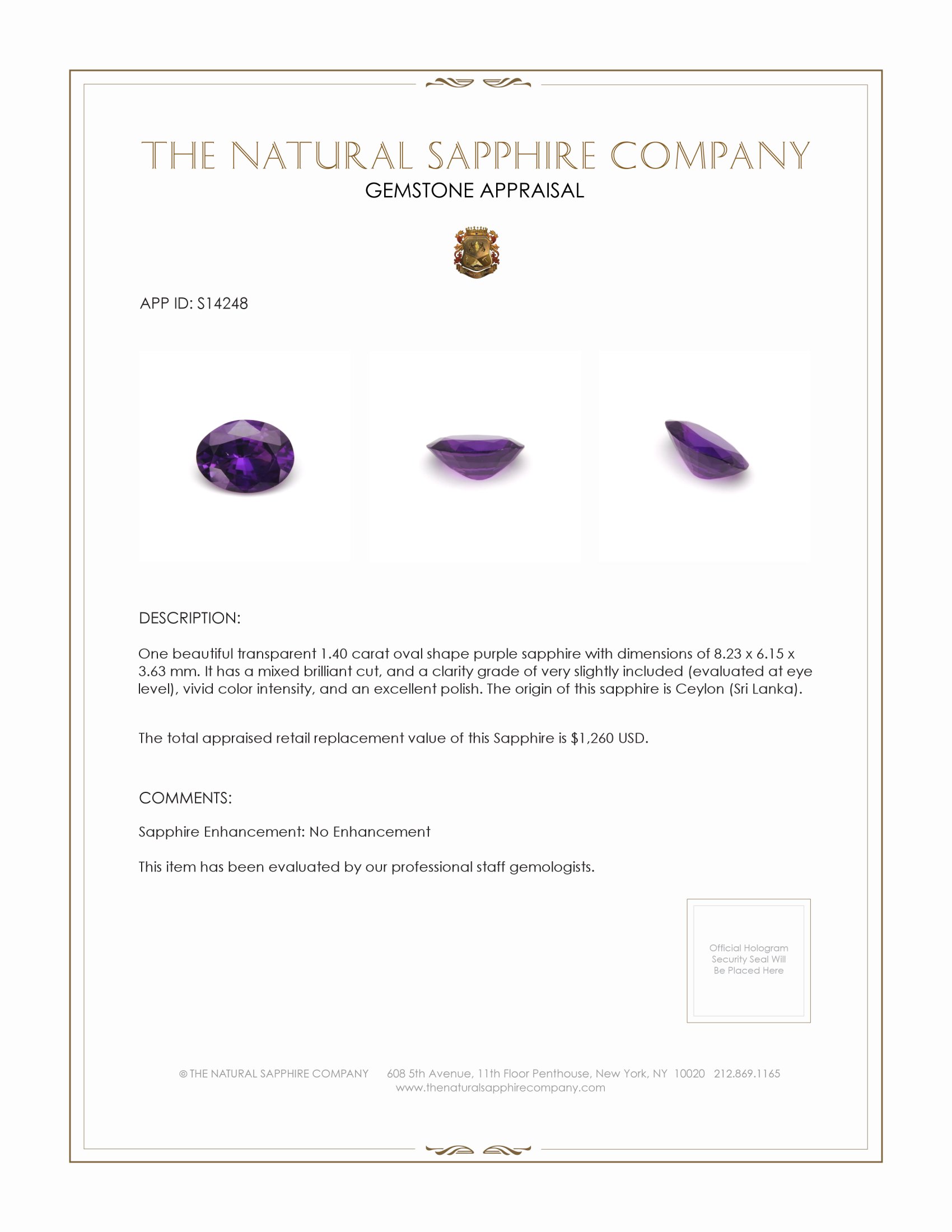 1.40 Ct. Purple Sapphire from Ceylon (Sri Lanka)
