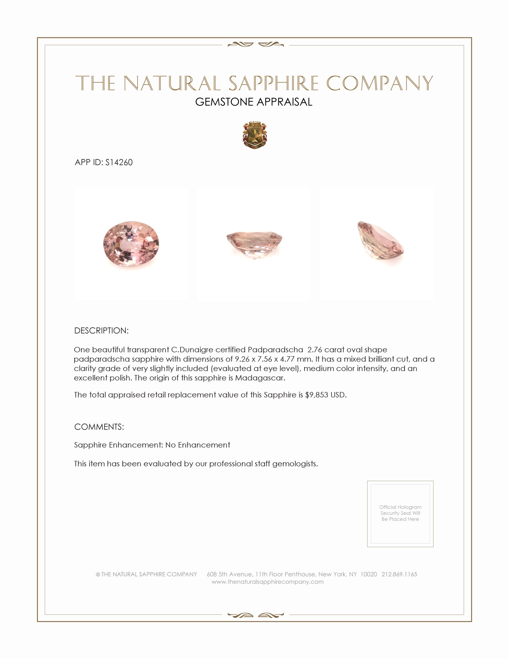 2.76 Ct. Padparadscha Sapphire from Madagascar