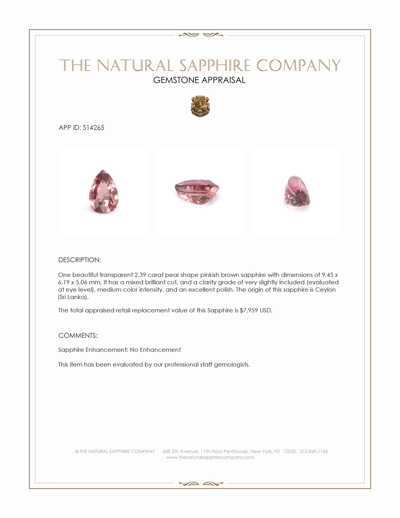 2.39 Ct. Pinkish Brown Sapphire from Ceylon (Sri Lanka)