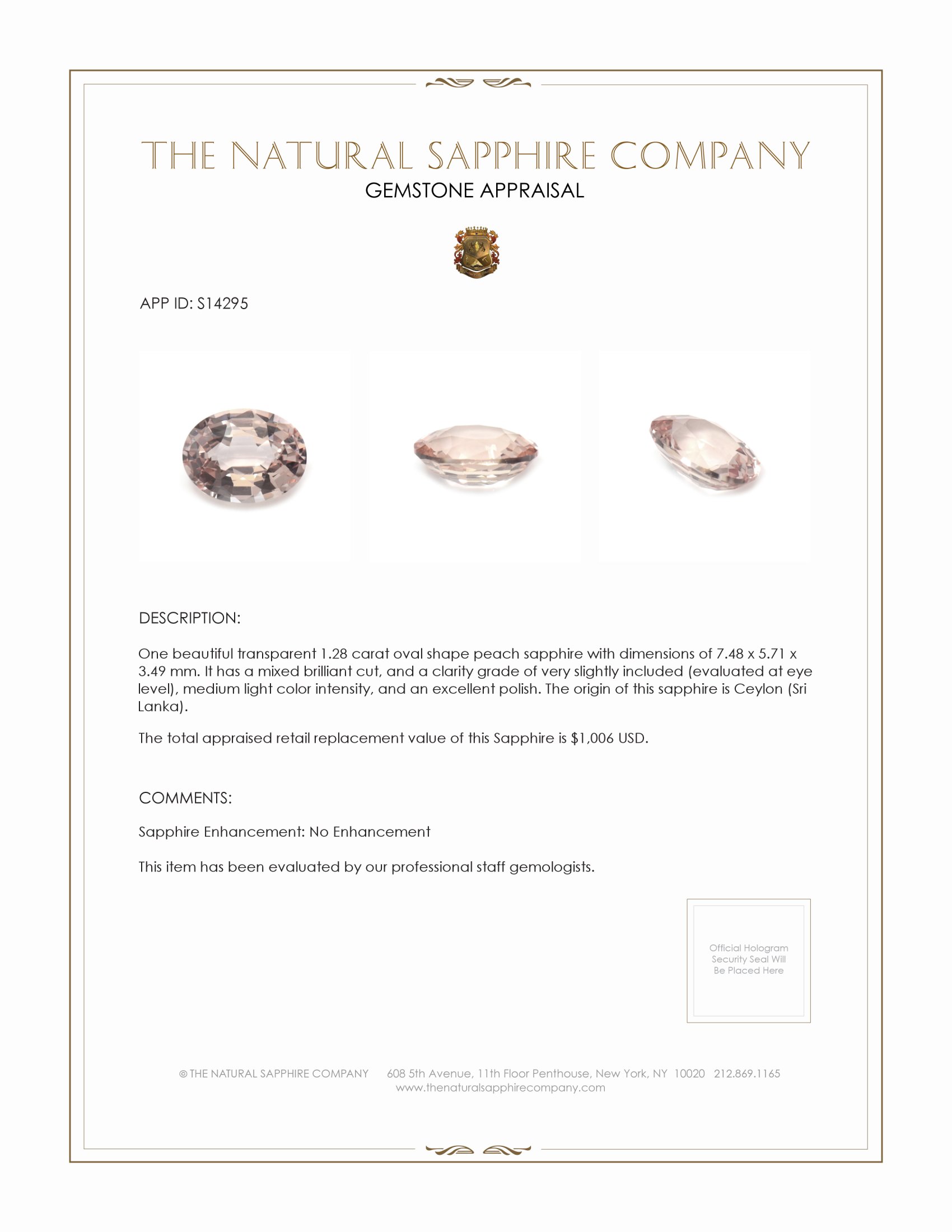 1.28 Ct. Peach Sapphire from Ceylon (Sri Lanka)