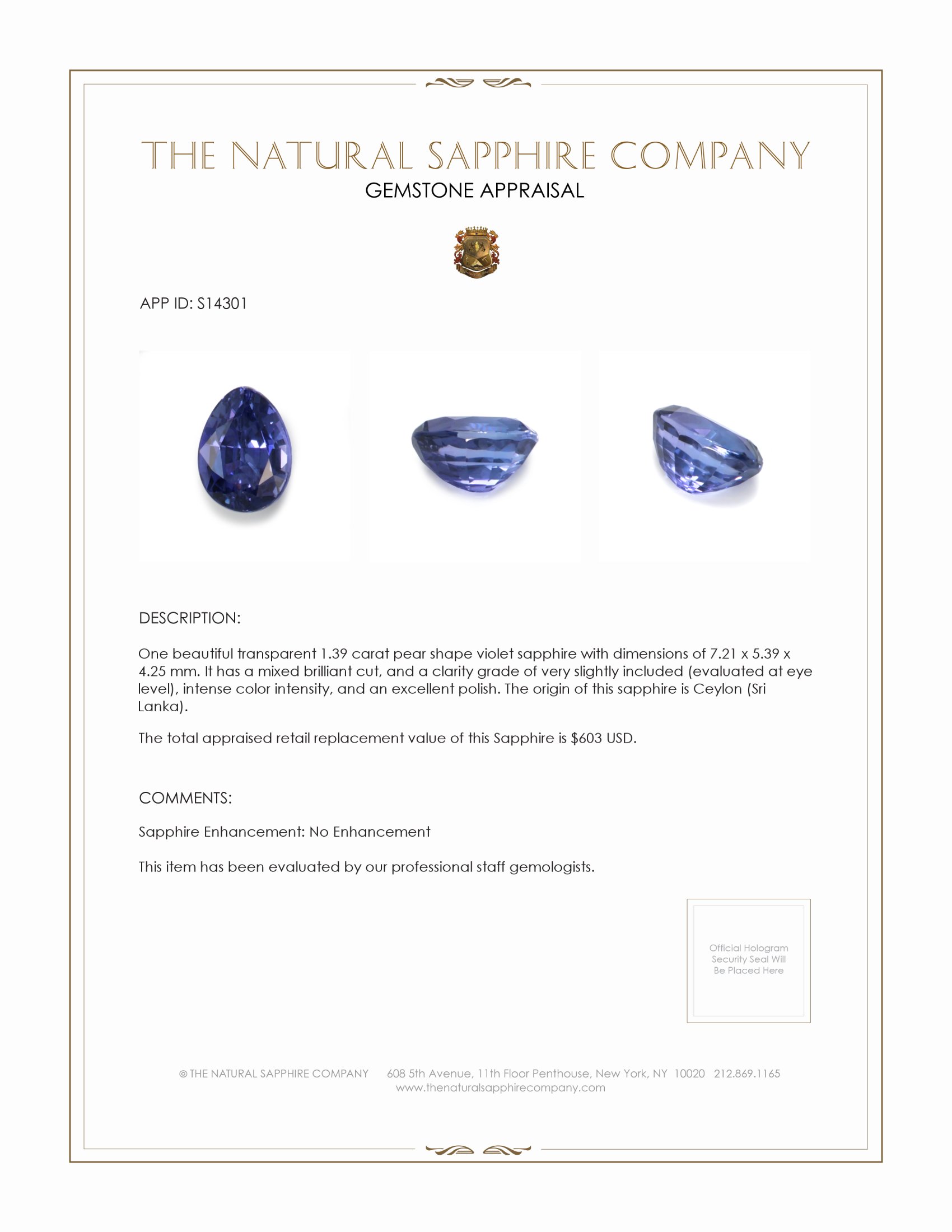 1.39 Ct. Violet Sapphire from Ceylon (Sri Lanka)
