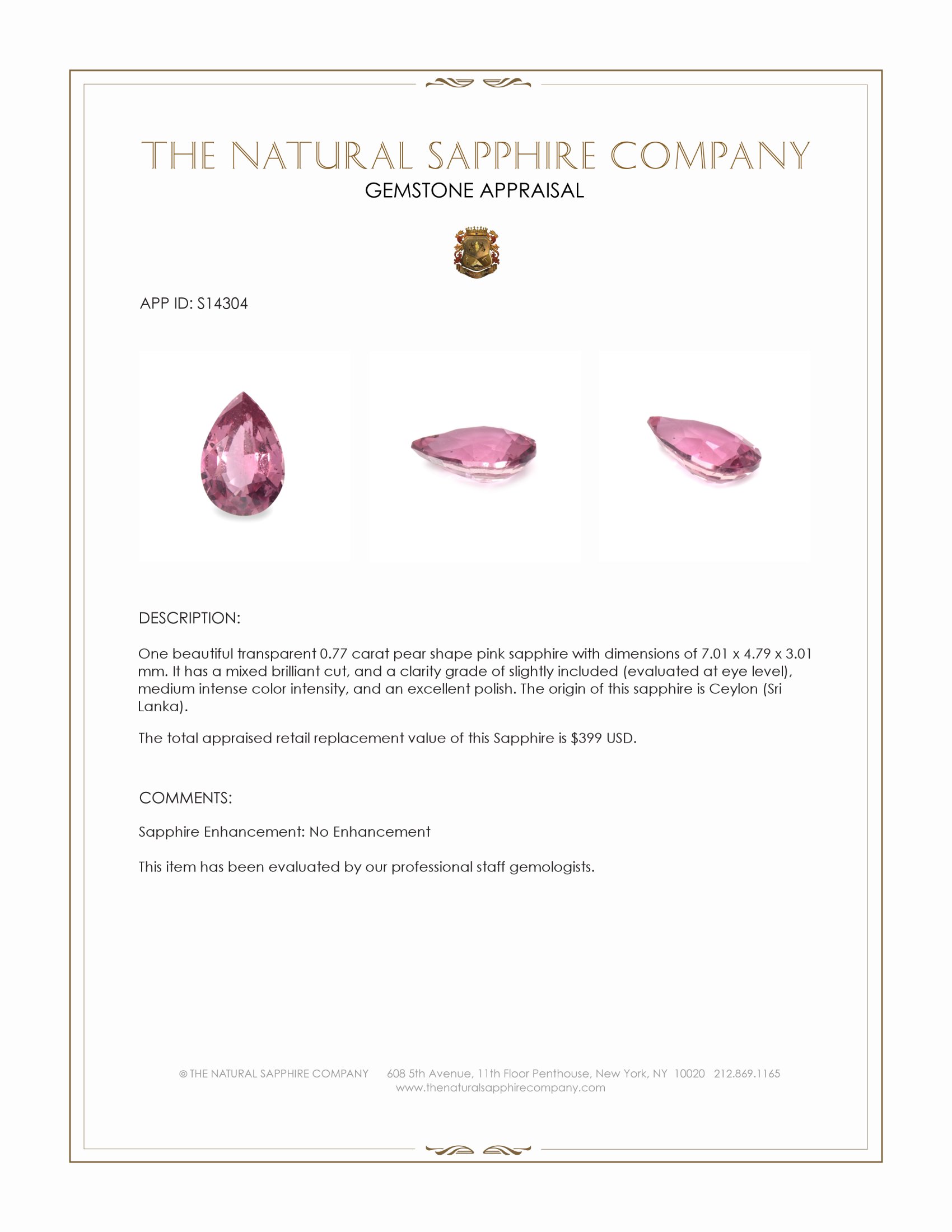 0.77 Ct. Pink Sapphire from Ceylon (Sri Lanka)