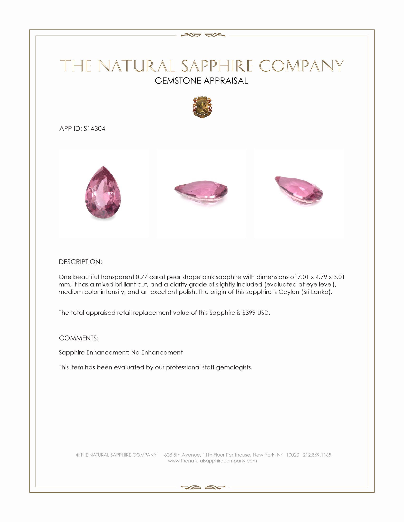 0.77 Ct. Pink Sapphire from Ceylon (Sri Lanka)