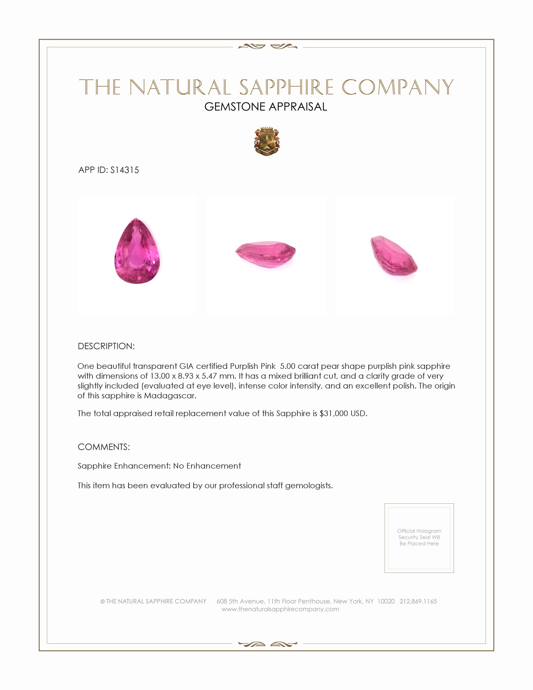 5.00 Ct. Purplish Pink Sapphire from Madagascar
