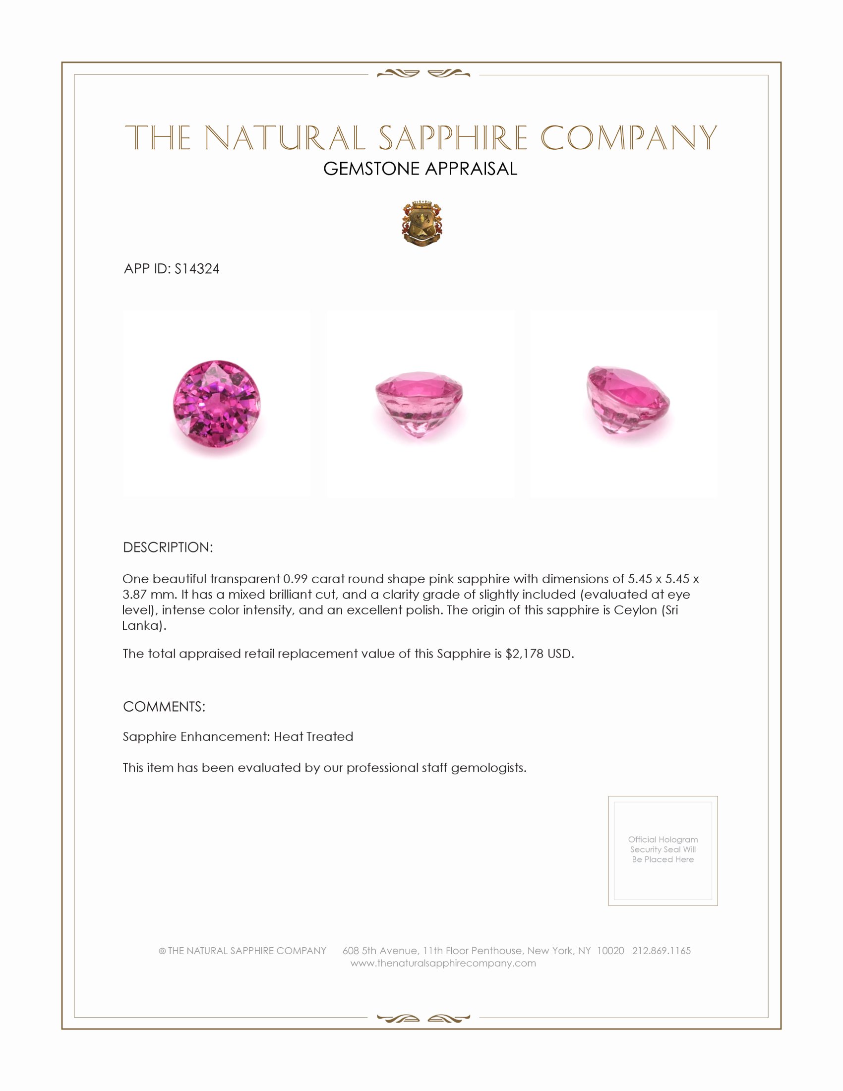 0.99 Ct. Pink Sapphire from Ceylon (Sri Lanka)