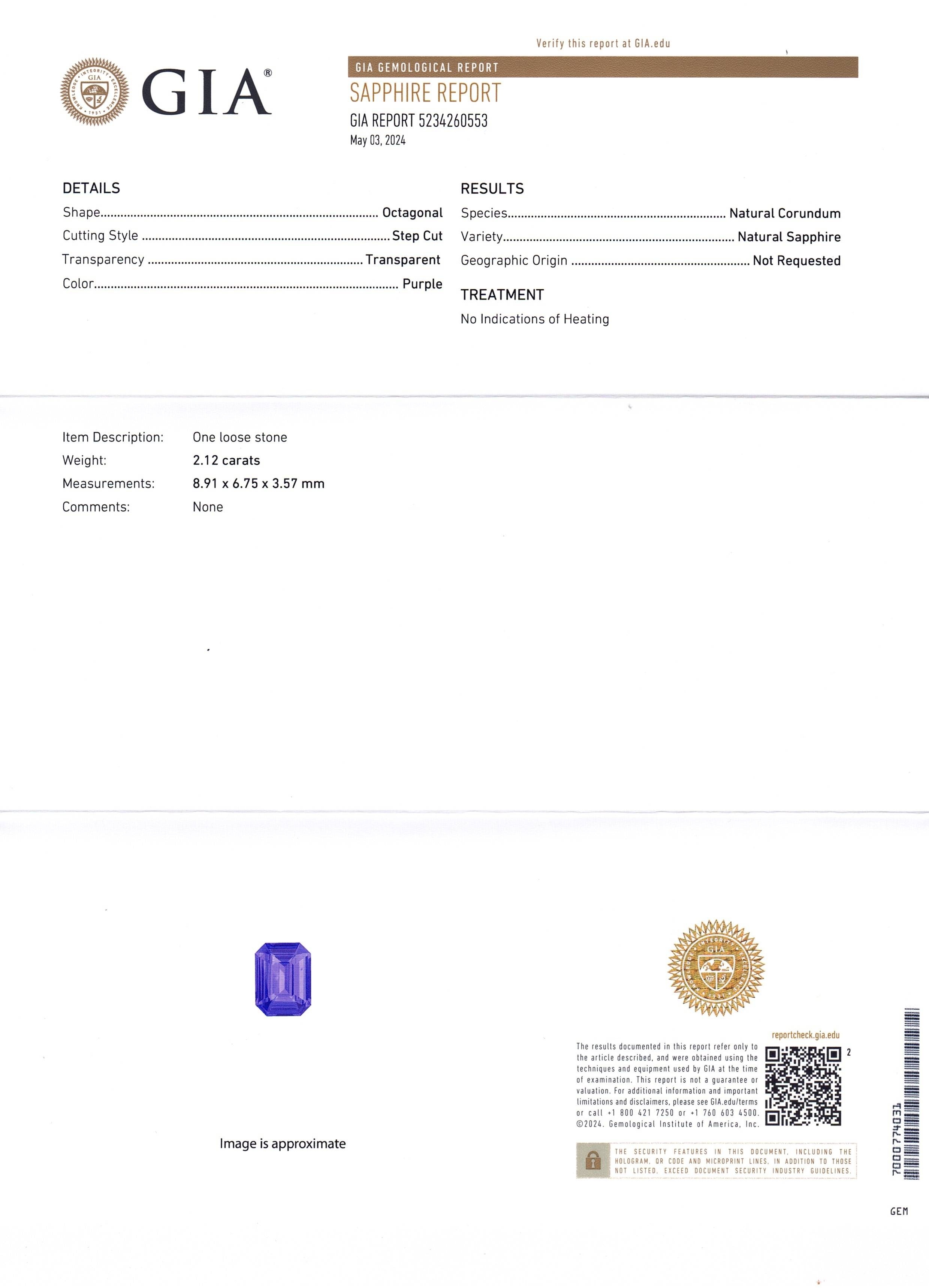 2.12 Ct. Purple Sapphire from Ceylon (Sri Lanka)