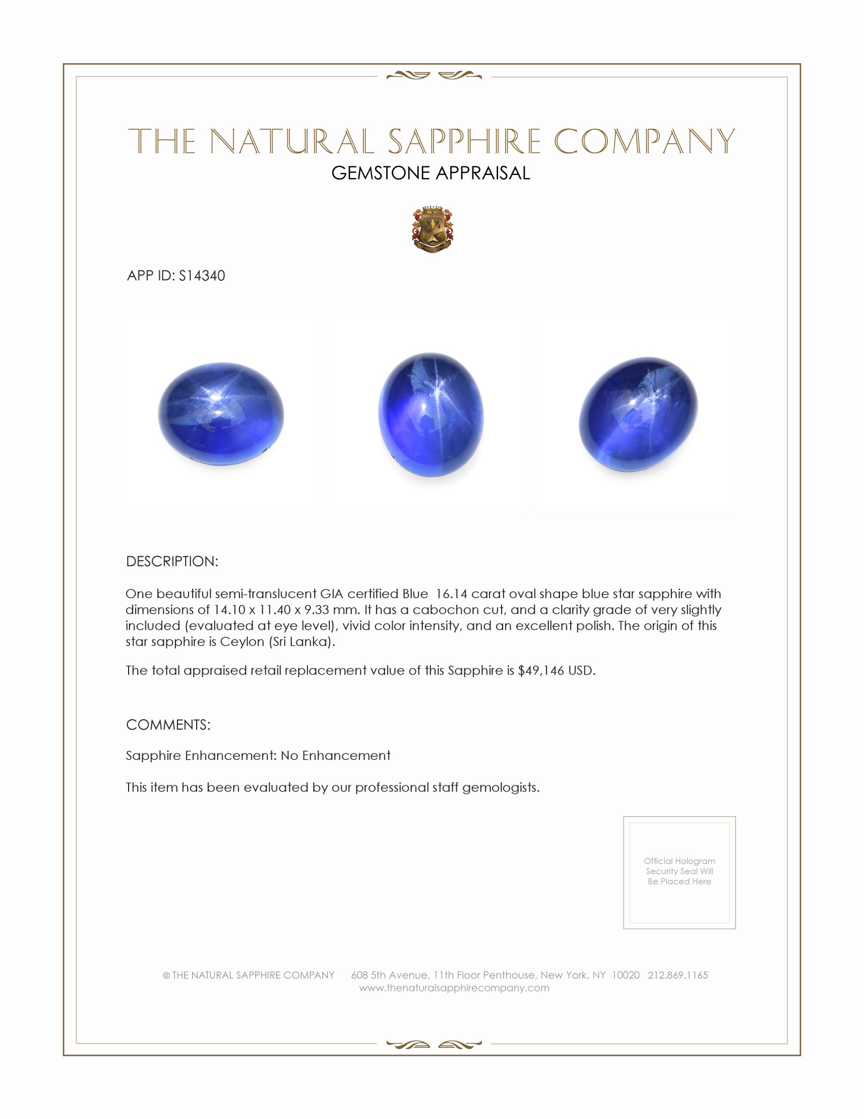 16.14 Ct. Blue Star Sapphire from Ceylon (Sri Lanka)