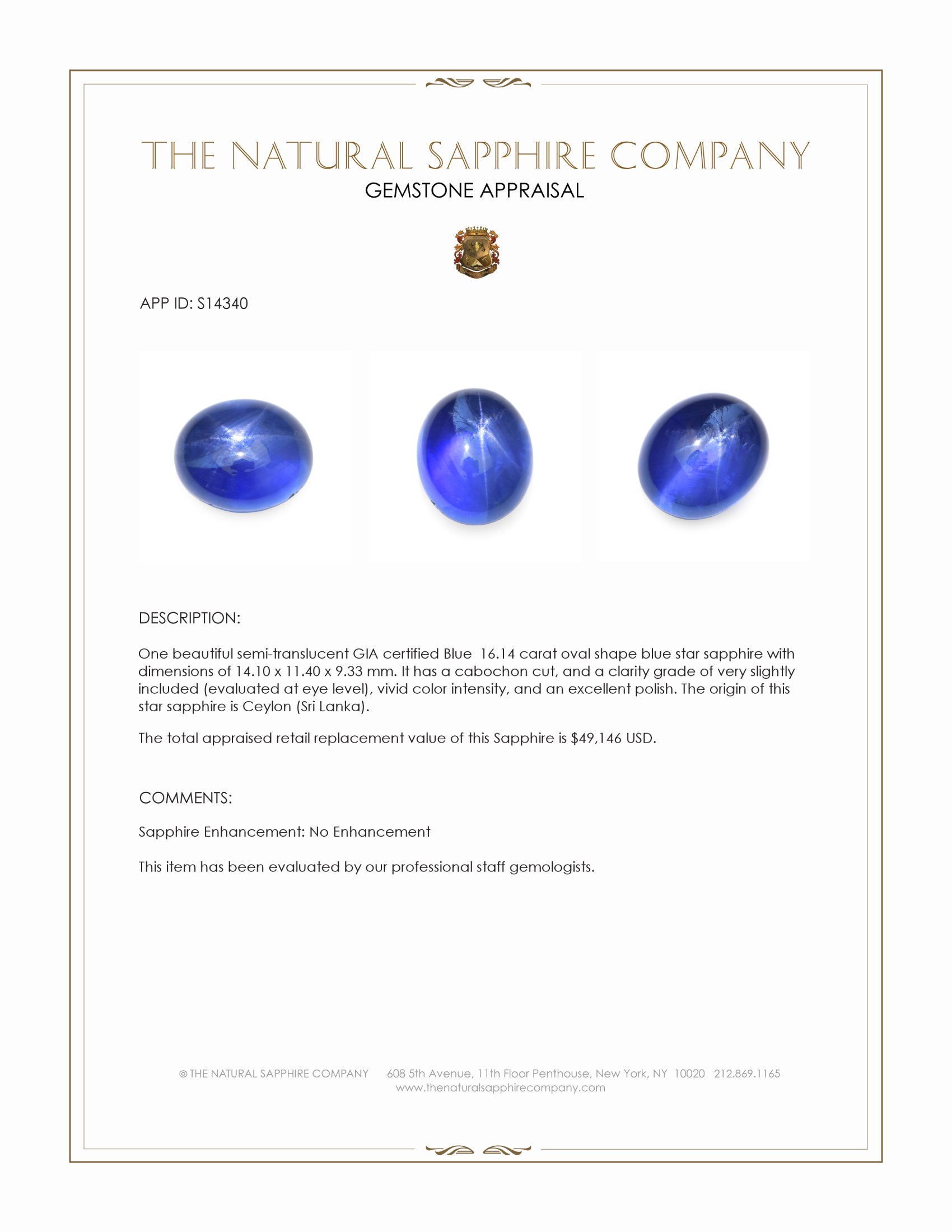 16.14 Ct. Blue Star Sapphire from Ceylon (Sri Lanka)