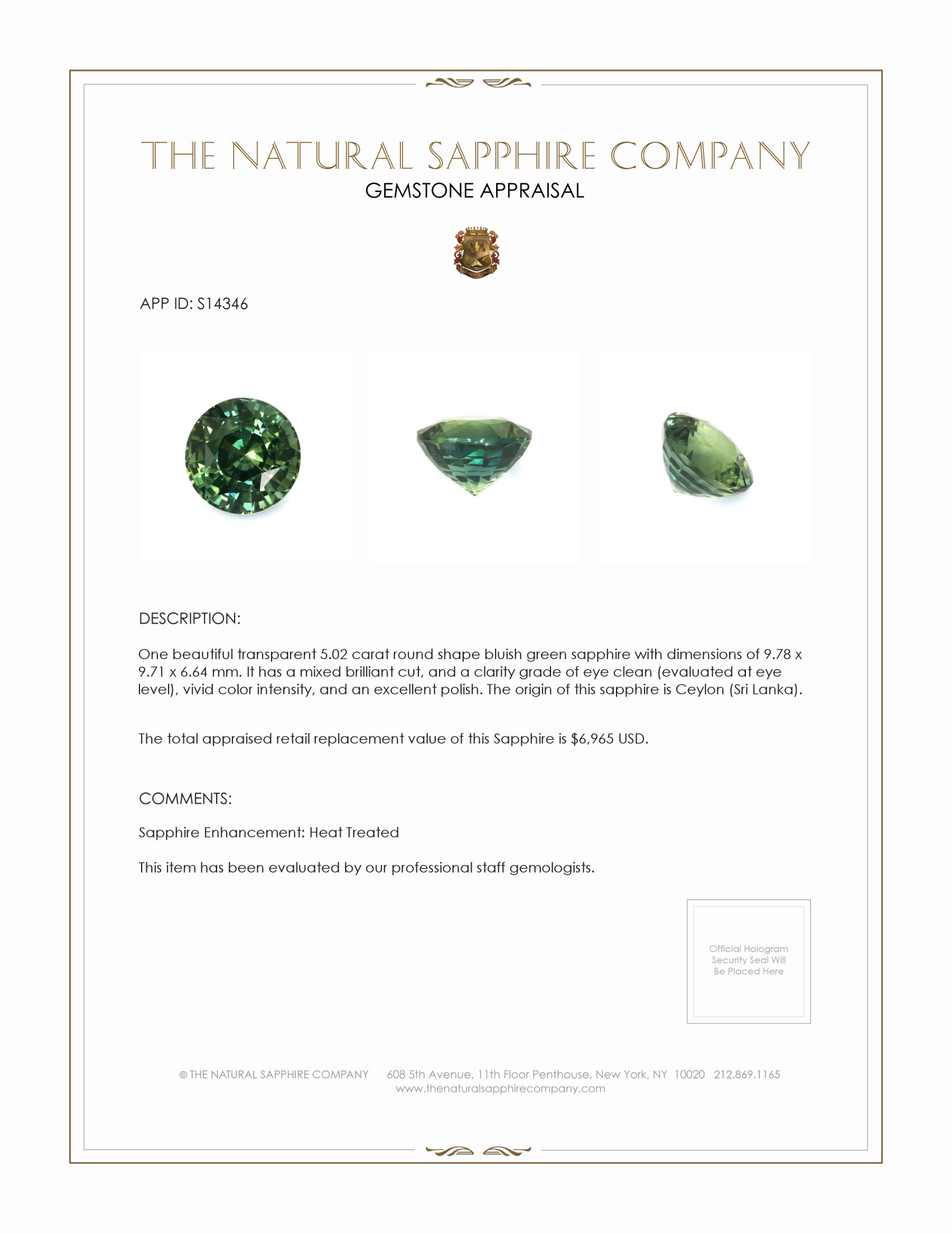 5.02 Ct. Bluish Green Sapphire from Ceylon (Sri Lanka)