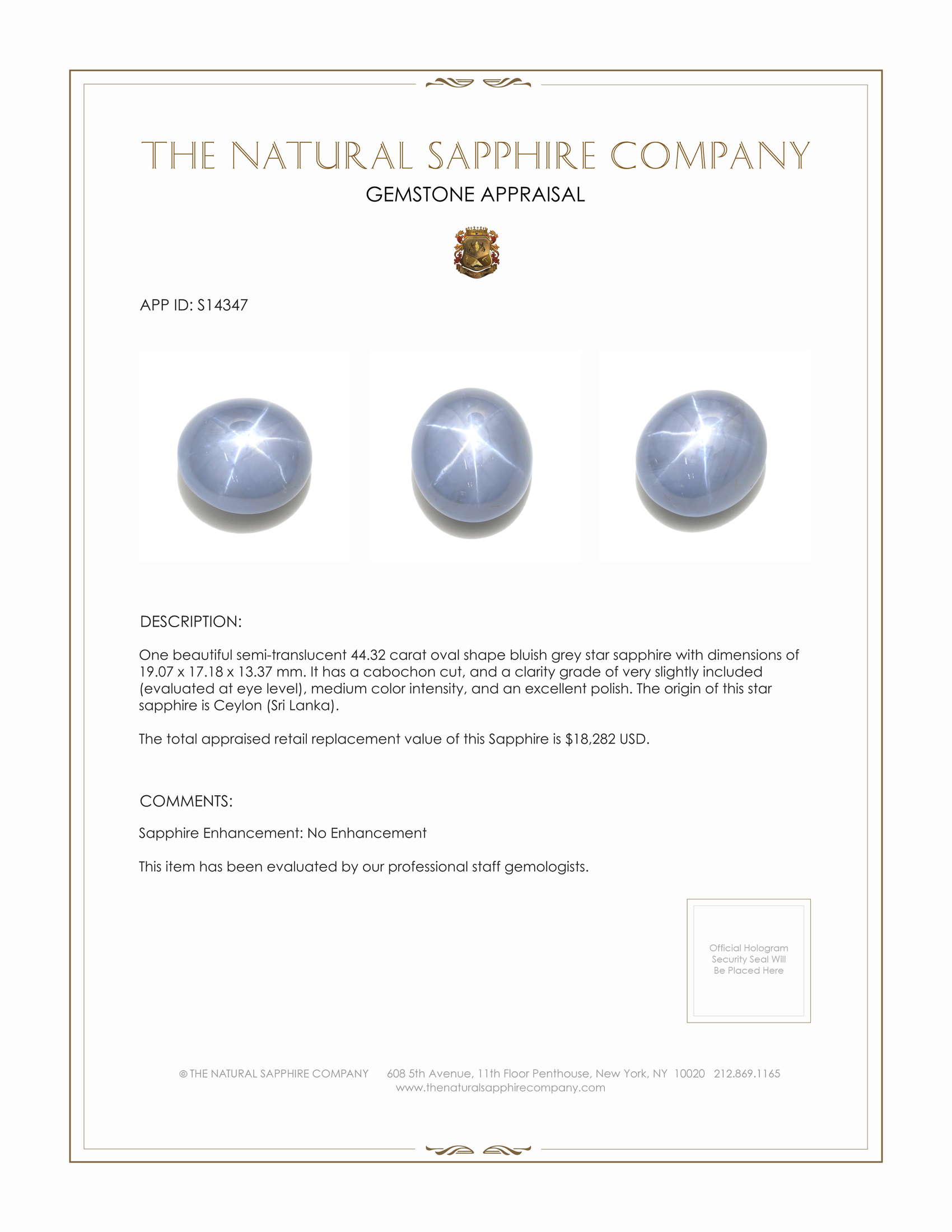 44.32 Ct. Bluish Grey Star Sapphire from Ceylon (Sri Lanka)