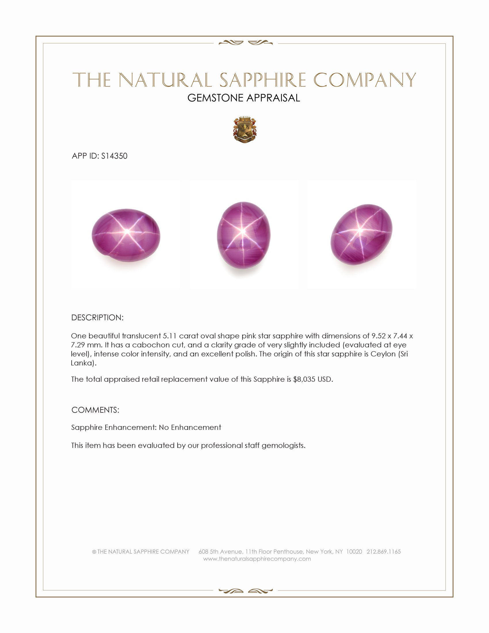 5.11 Ct. Pink Star Sapphire from Ceylon (Sri Lanka)