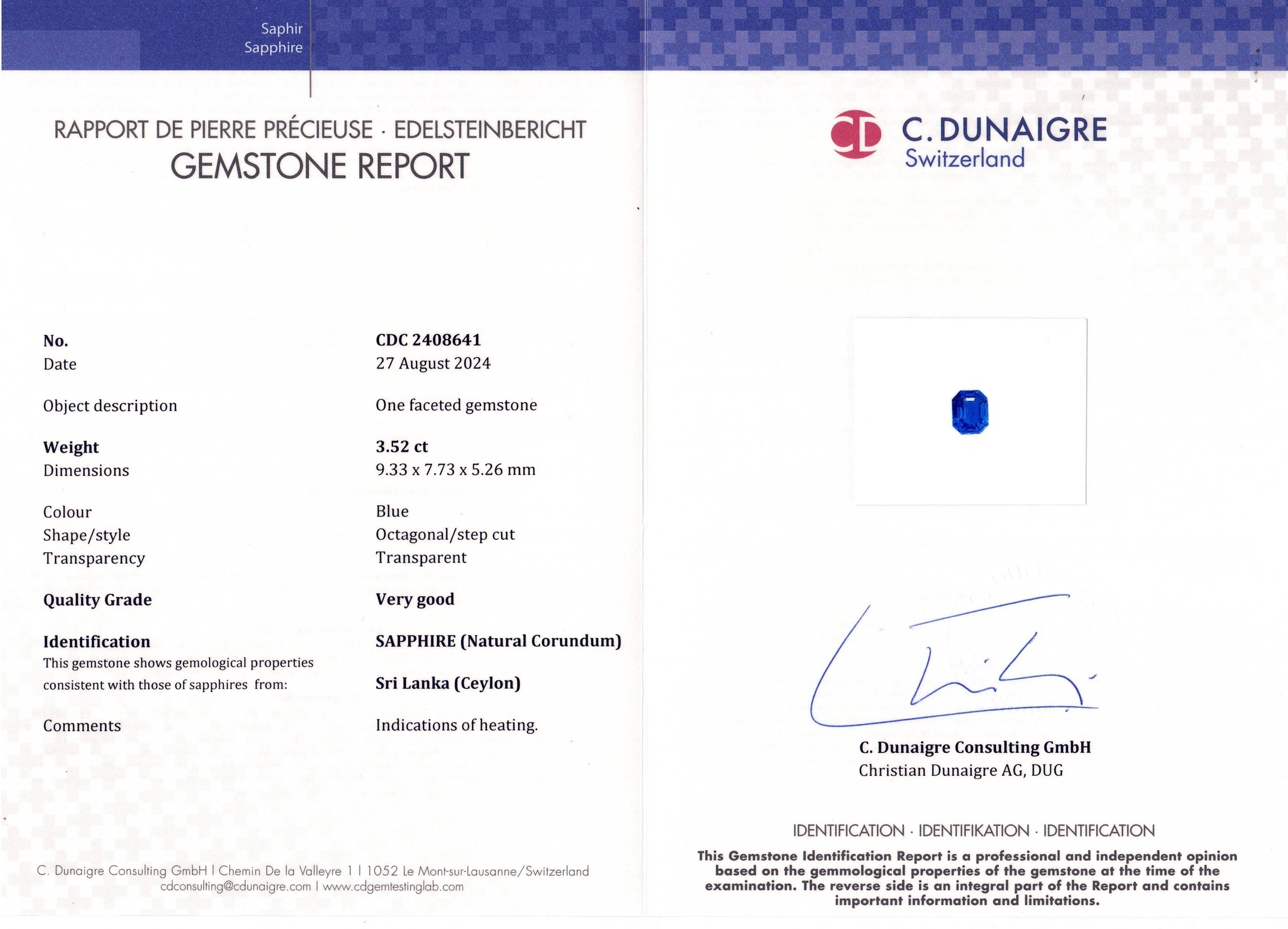 3.52 Ct. Blue Sapphire from Ceylon (Sri Lanka)