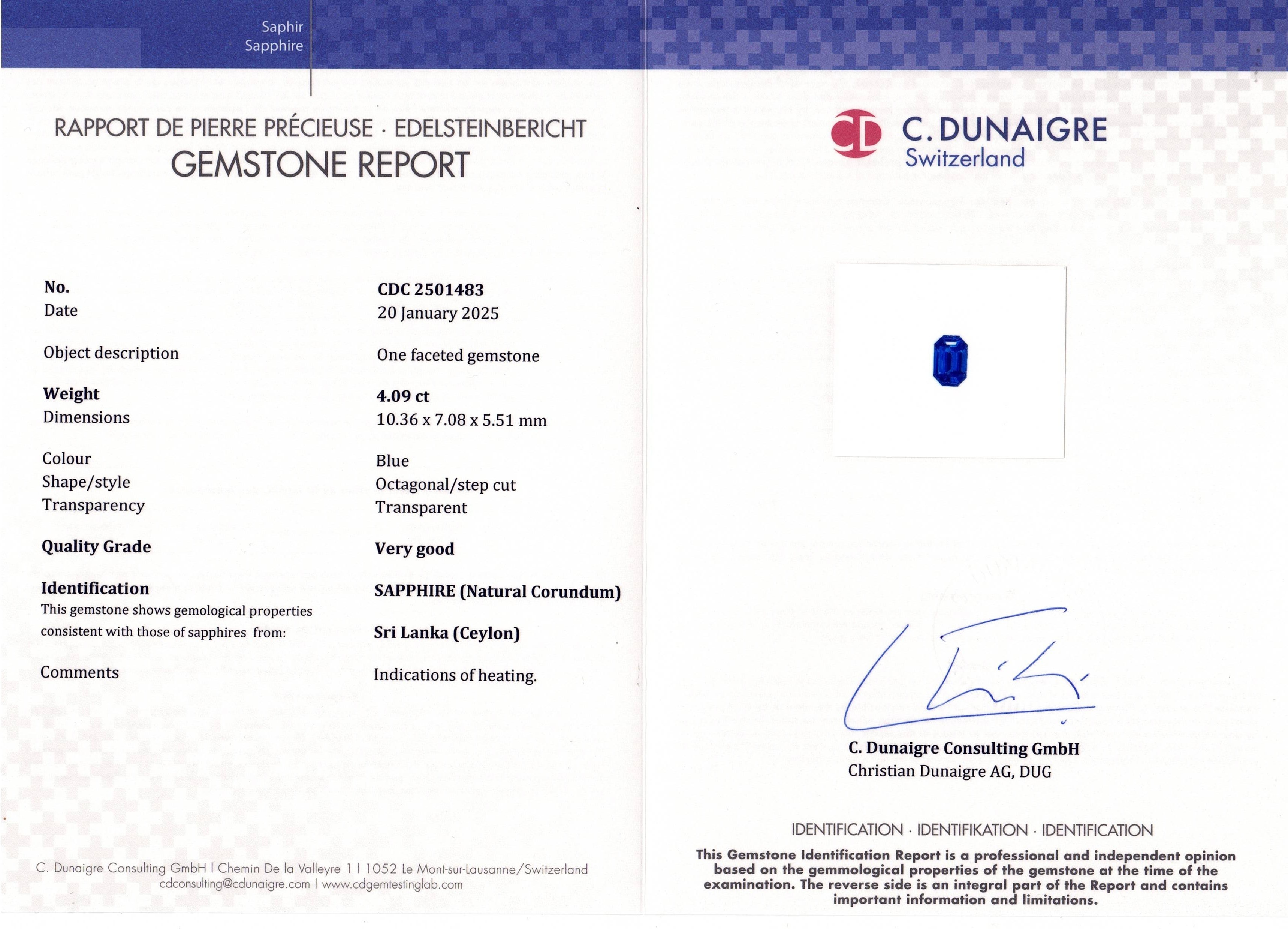 4.09 Ct. Blue Sapphire from Ceylon (Sri Lanka)