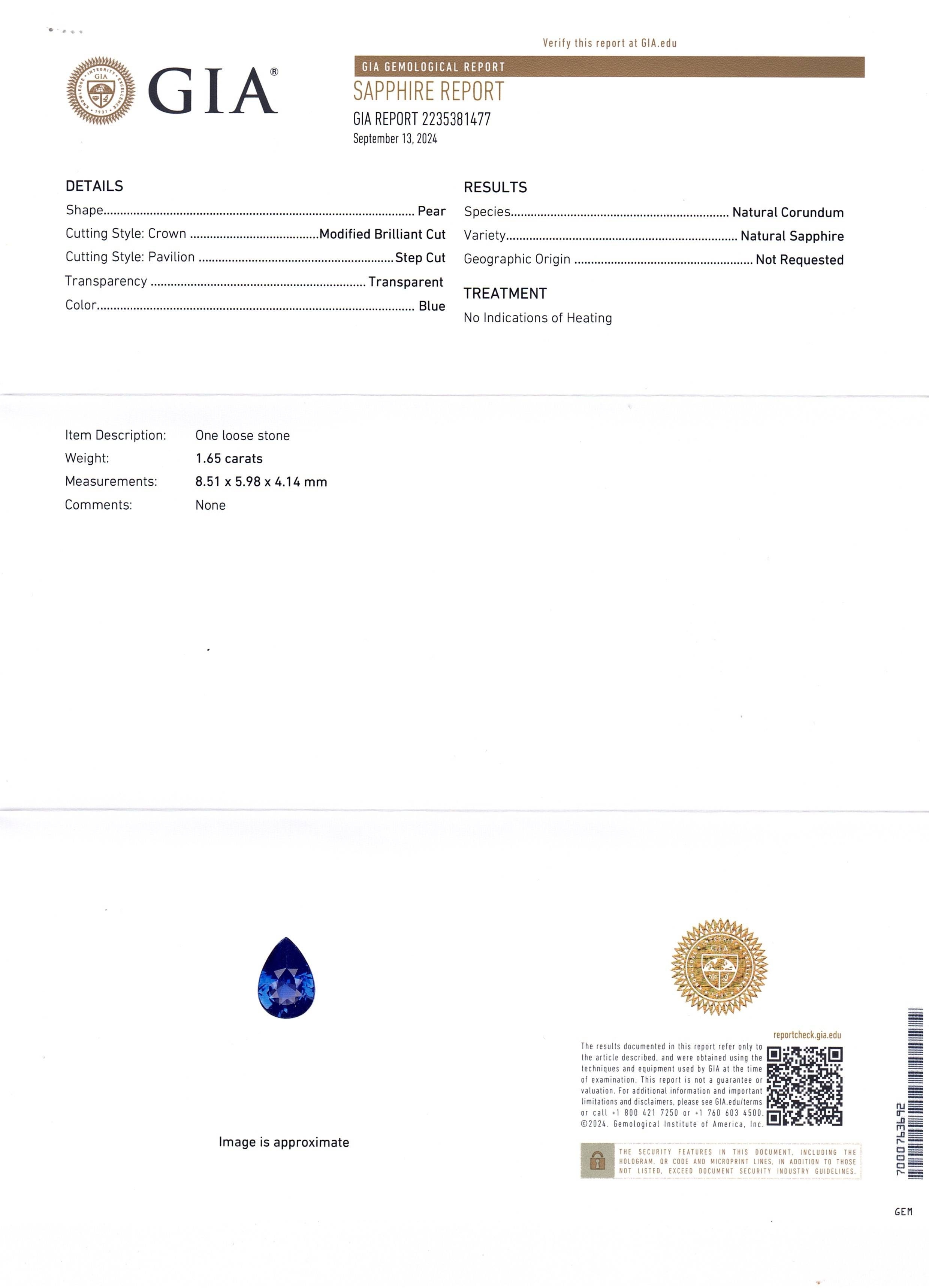 1.65 Ct. Blue Sapphire from Ceylon (Sri Lanka)