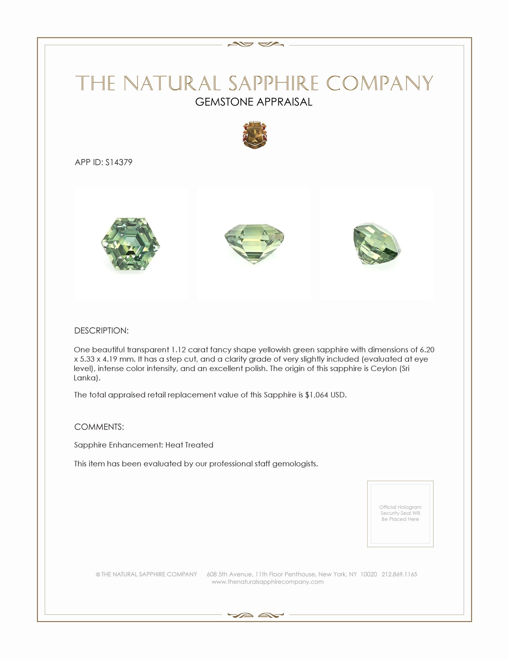 1.12 Ct. Yellowish Green Sapphire from Ceylon (Sri Lanka)