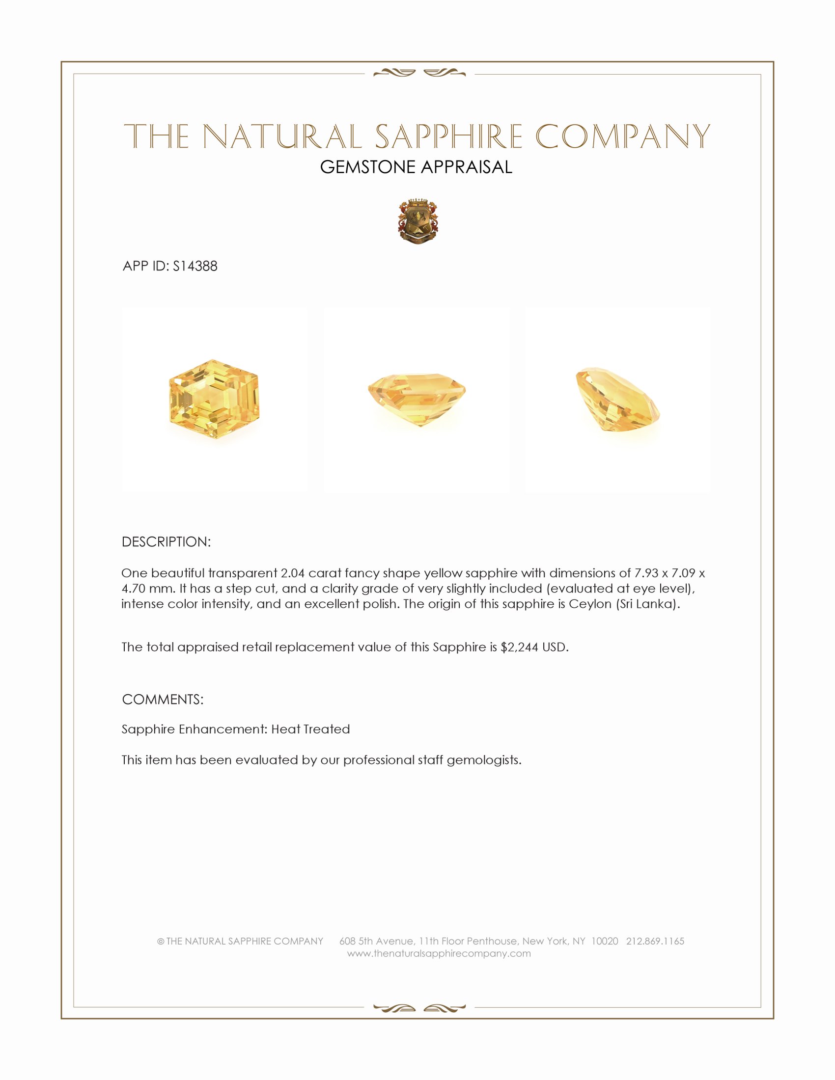 2.04 Ct. Yellow Sapphire from Ceylon (Sri Lanka)
