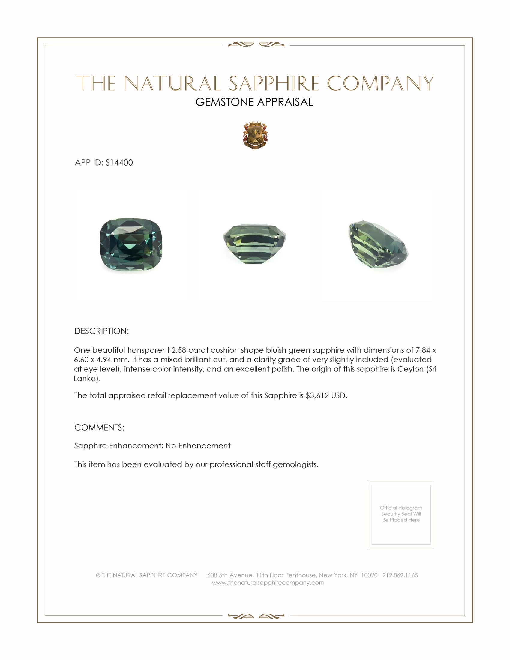 2.58 Ct. Bluish Green Sapphire from Ceylon (Sri Lanka)