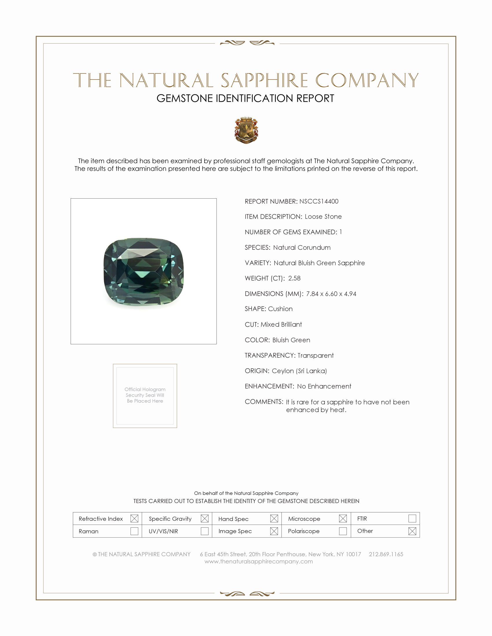 2.58 Ct. Bluish Green Sapphire from Ceylon (Sri Lanka)