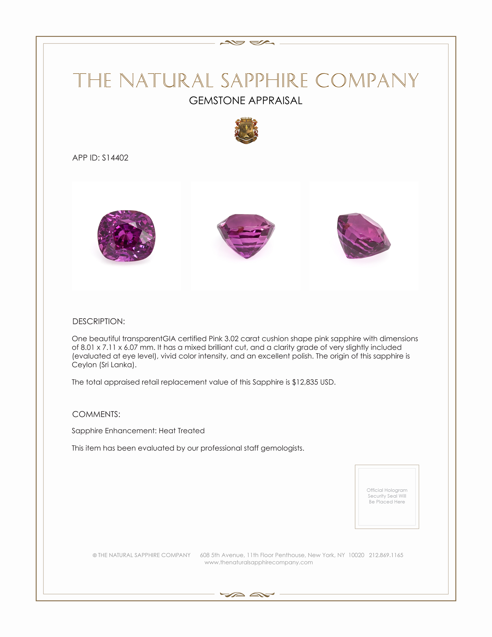 3.02 Ct. Pink Sapphire from Ceylon (Sri Lanka)