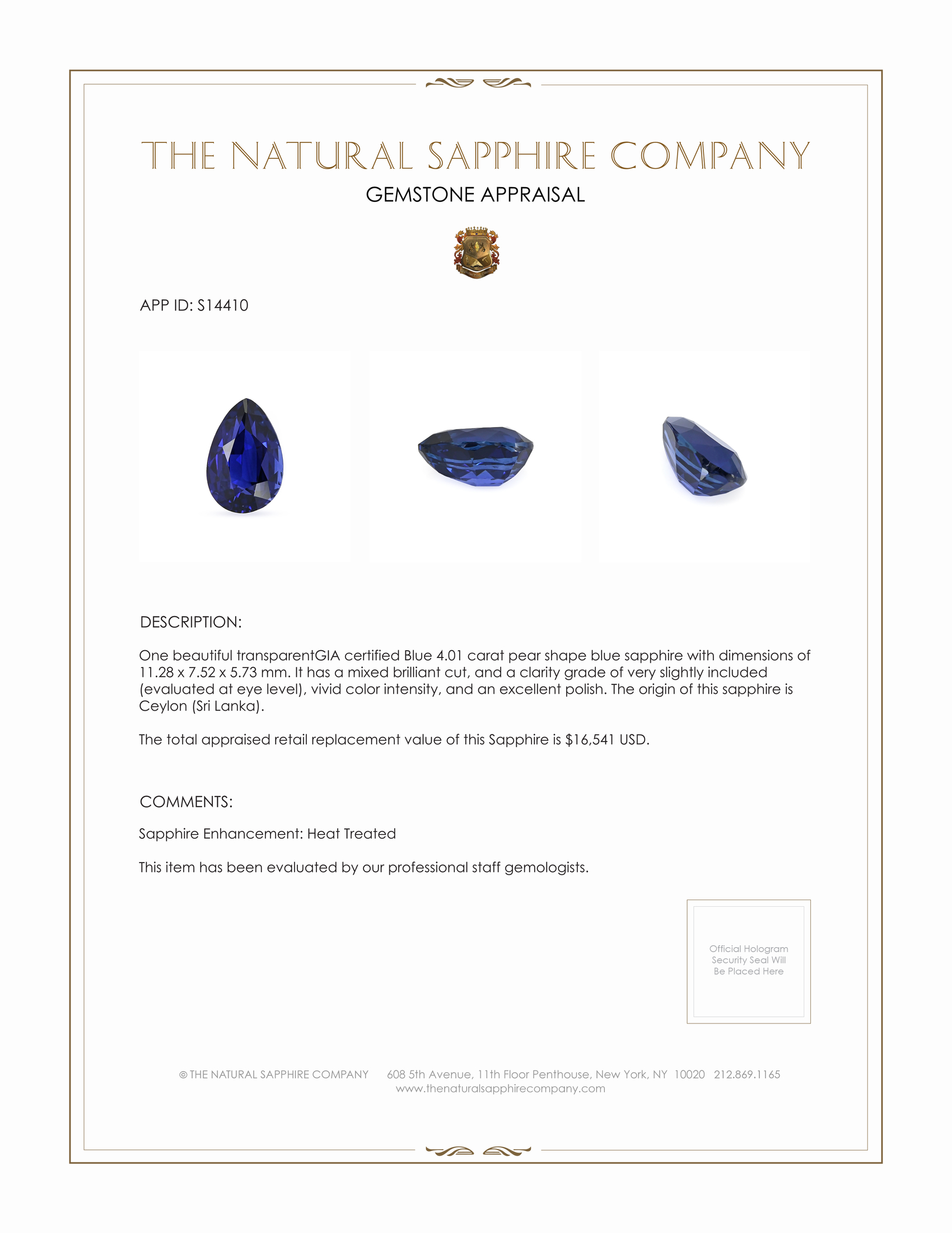 4.01 Ct. Blue Sapphire from Ceylon (Sri Lanka)