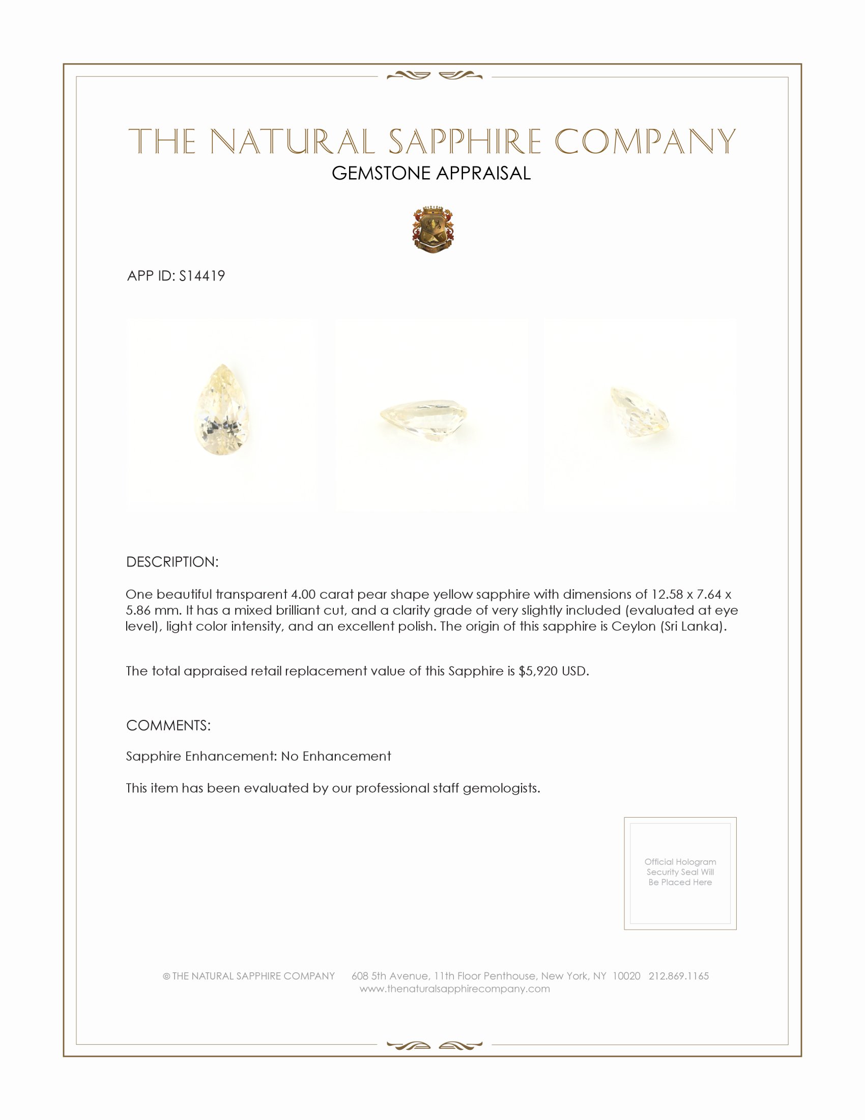 4.00 Ct. Yellow Sapphire from Ceylon (Sri Lanka)