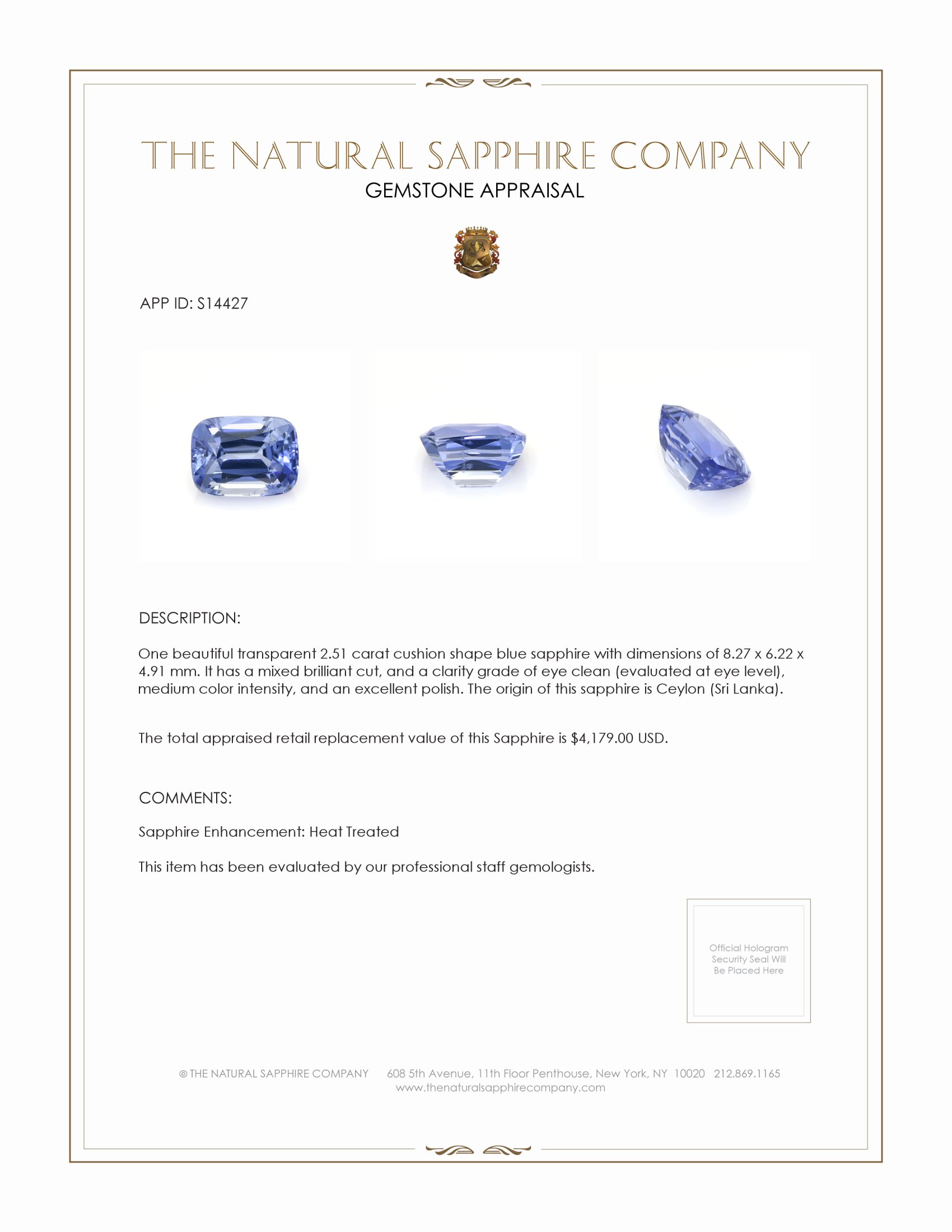 2.51 Ct. Blue Sapphire from Ceylon (Sri Lanka)
