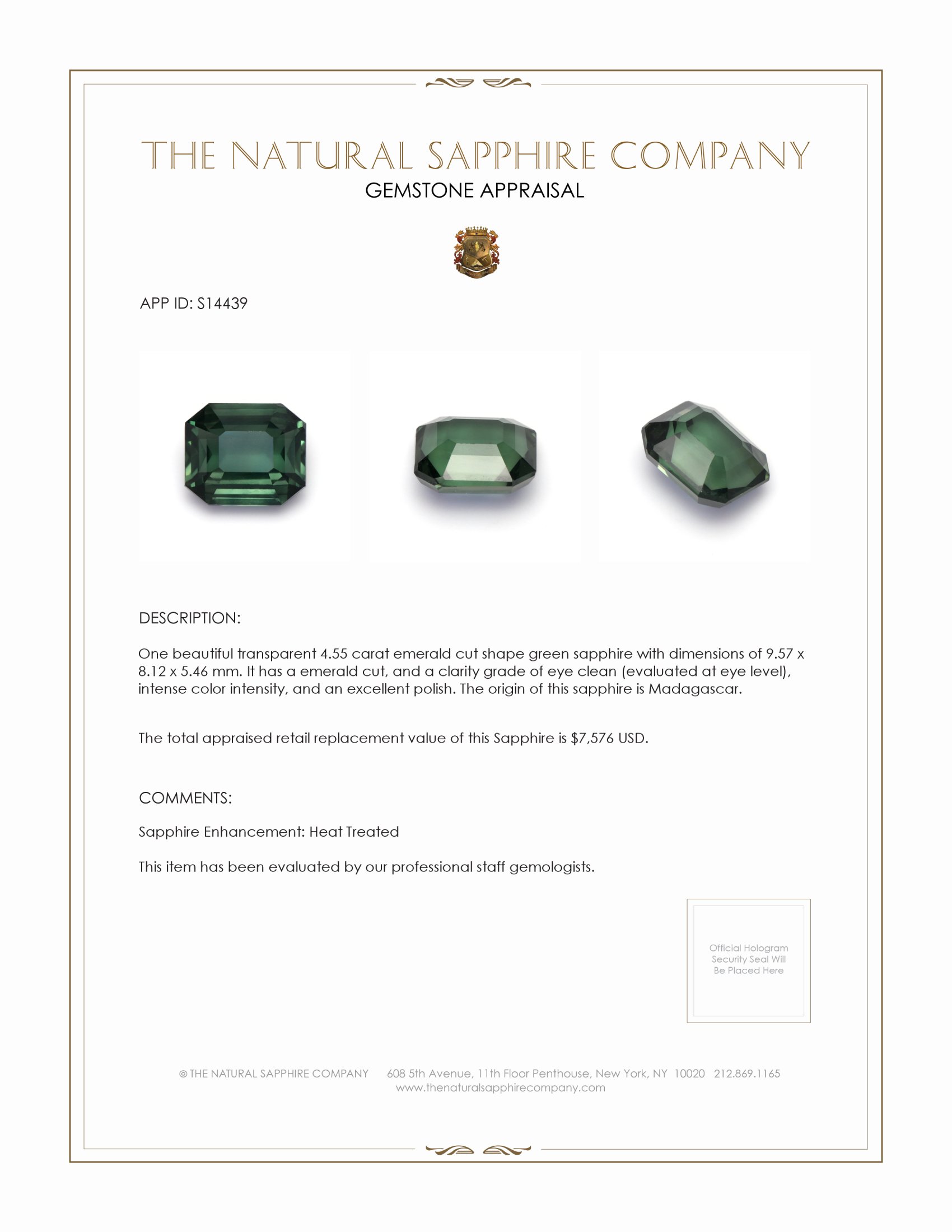 4.55 Ct. Green Sapphire from Madagascar