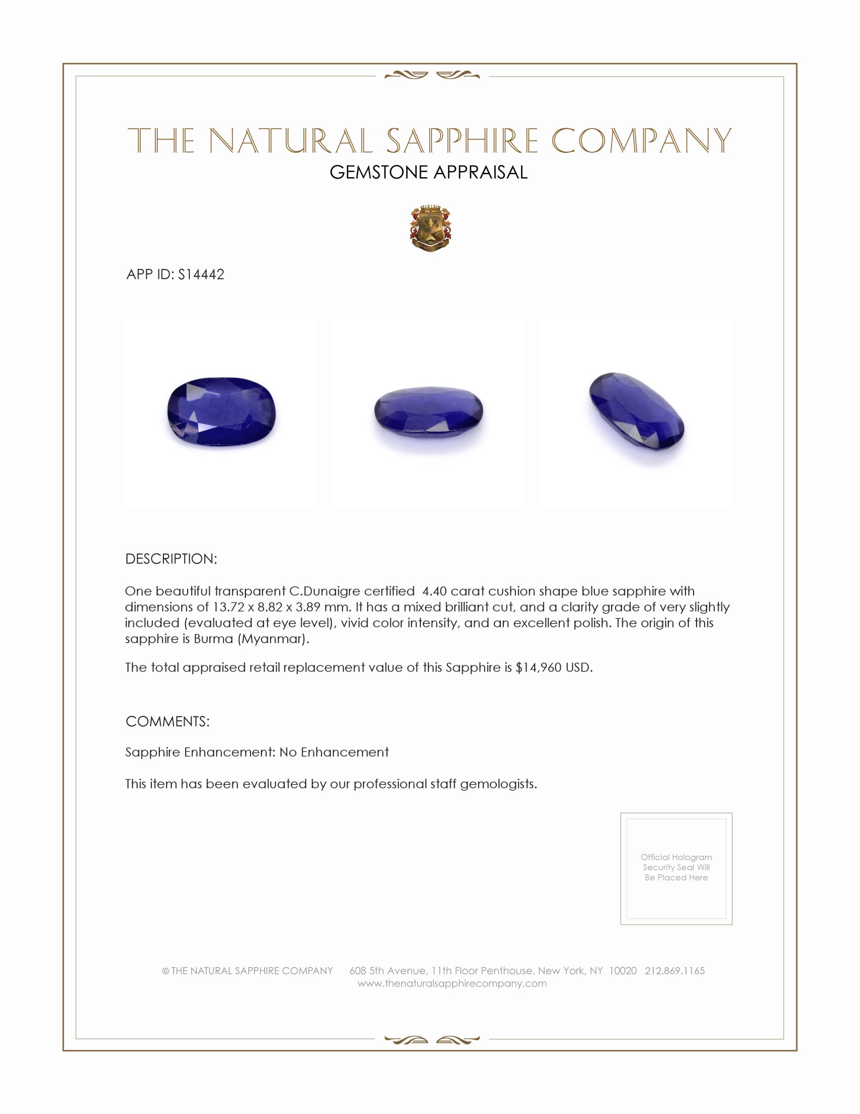 4.40 Ct. Blue Sapphire from Burma (Myanmar)