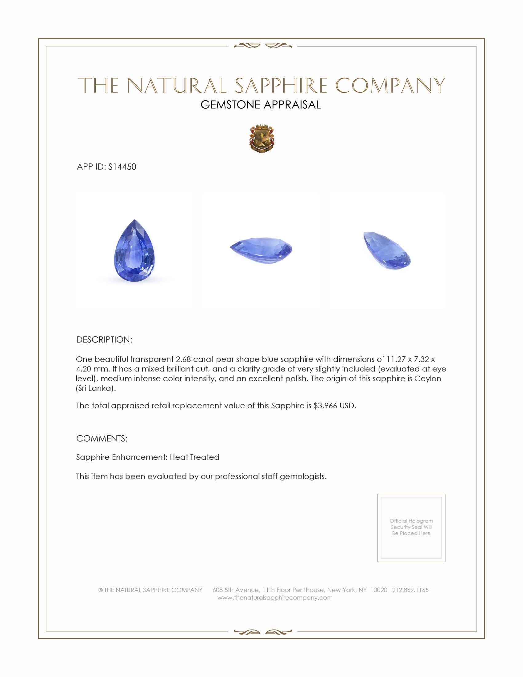 2.68 Ct. Blue Sapphire from Ceylon (Sri Lanka)