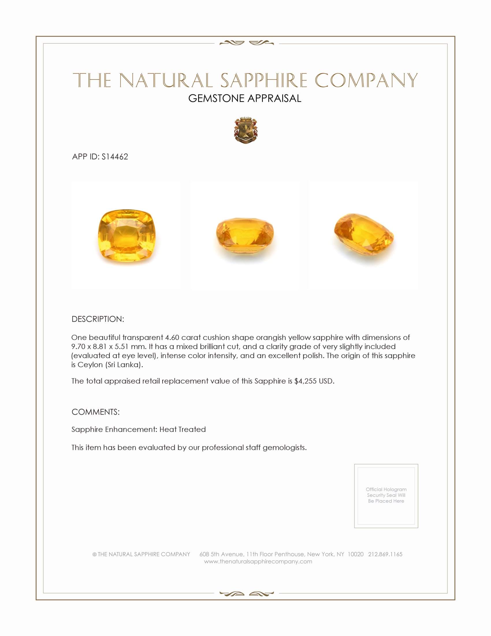 4.60 Ct. Orangish Yellow Sapphire from Ceylon (Sri Lanka)
