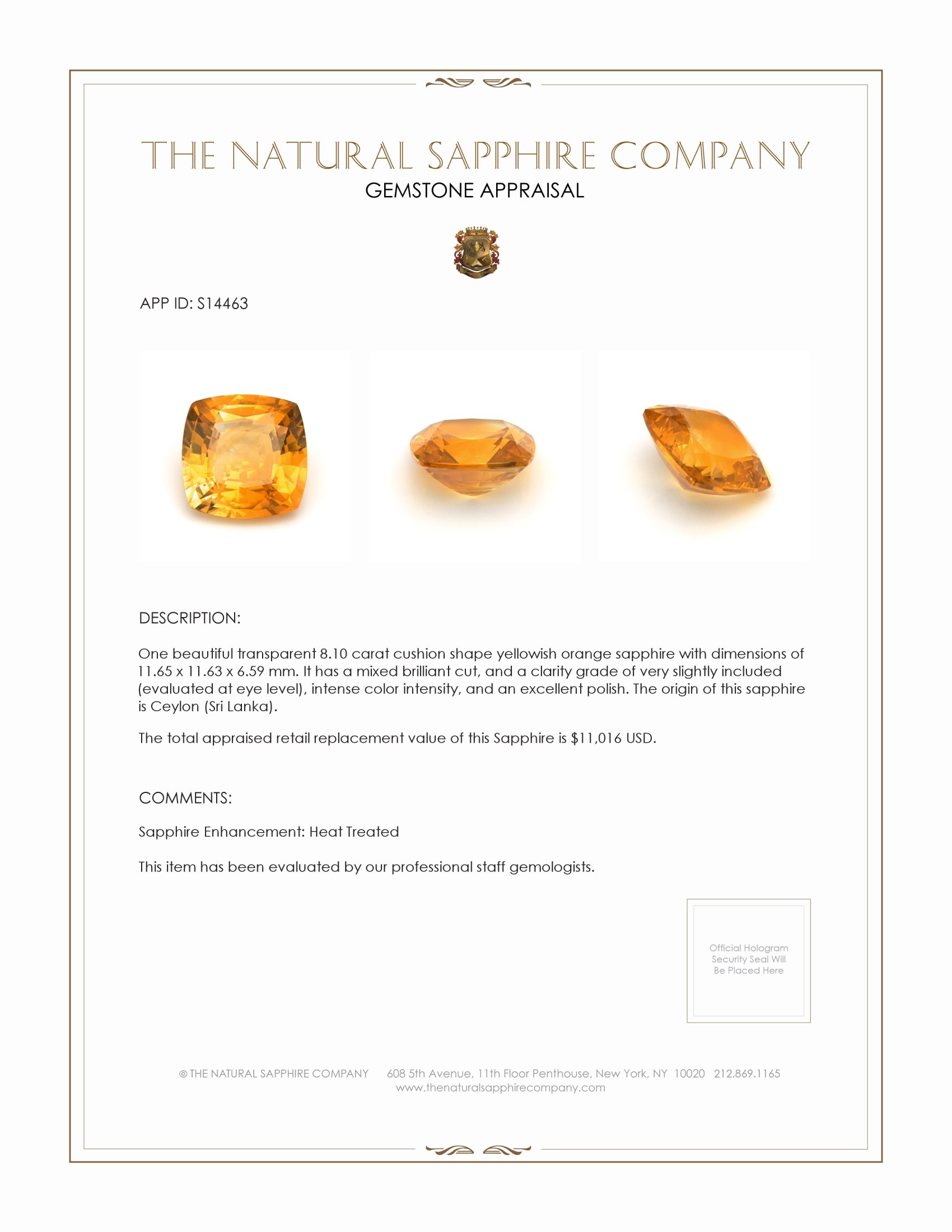 8.10 Ct. Yellowish Orange Sapphire from Ceylon (Sri Lanka)