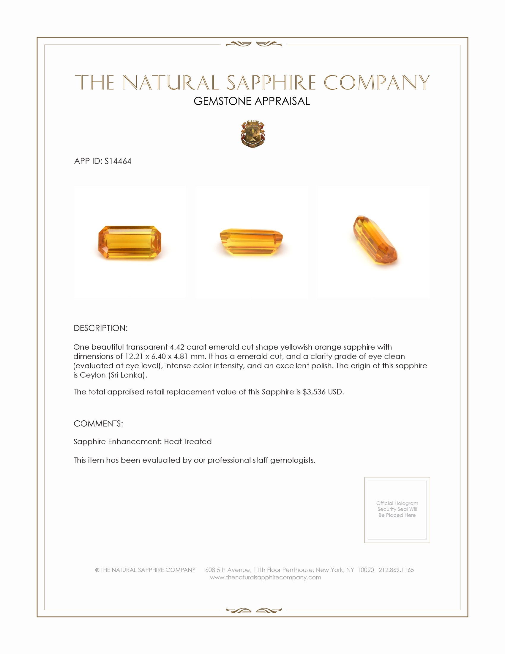 4.42 Ct. Yellowish Orange Sapphire from Ceylon (Sri Lanka)