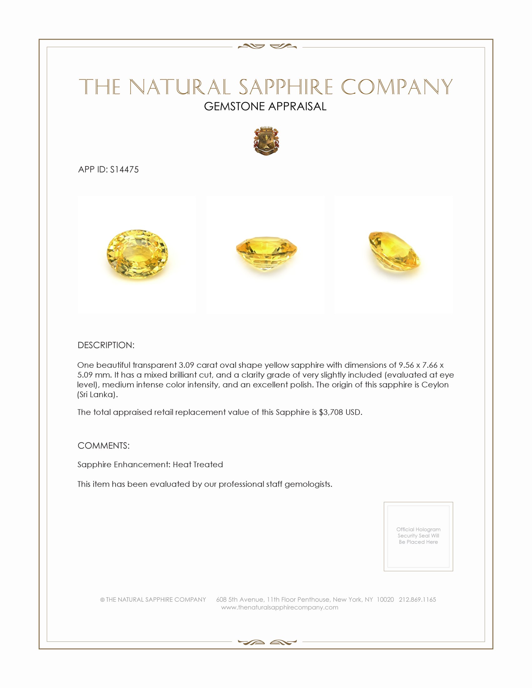 3.09 Ct. Yellow Sapphire from Ceylon (Sri Lanka)
